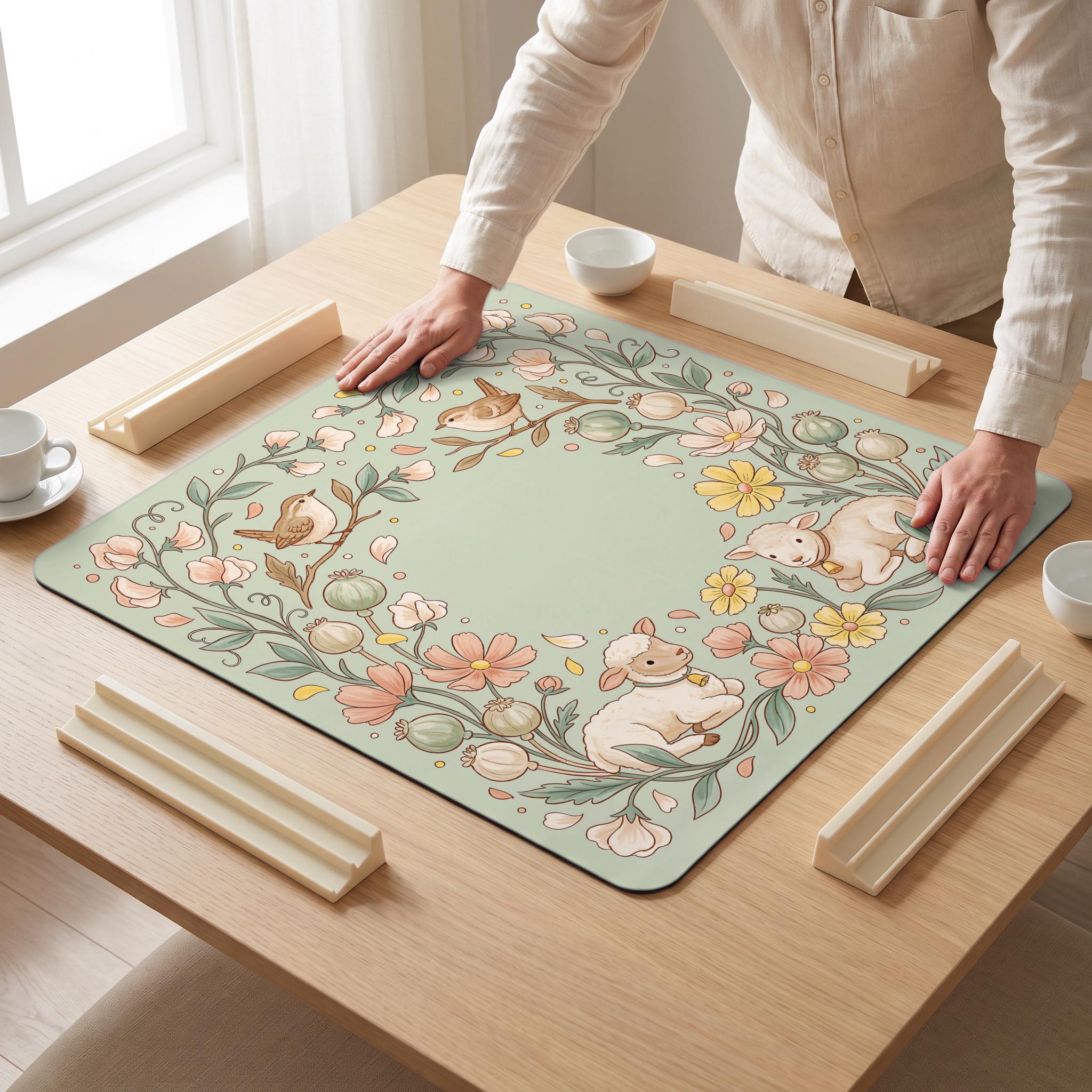 Lamb Poppy Mahjong Mat — hands unrolling