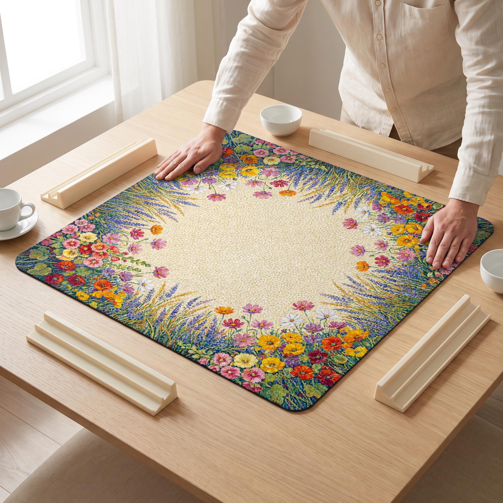 Pointillist Meadow Mahjong Mat — hands unrolling