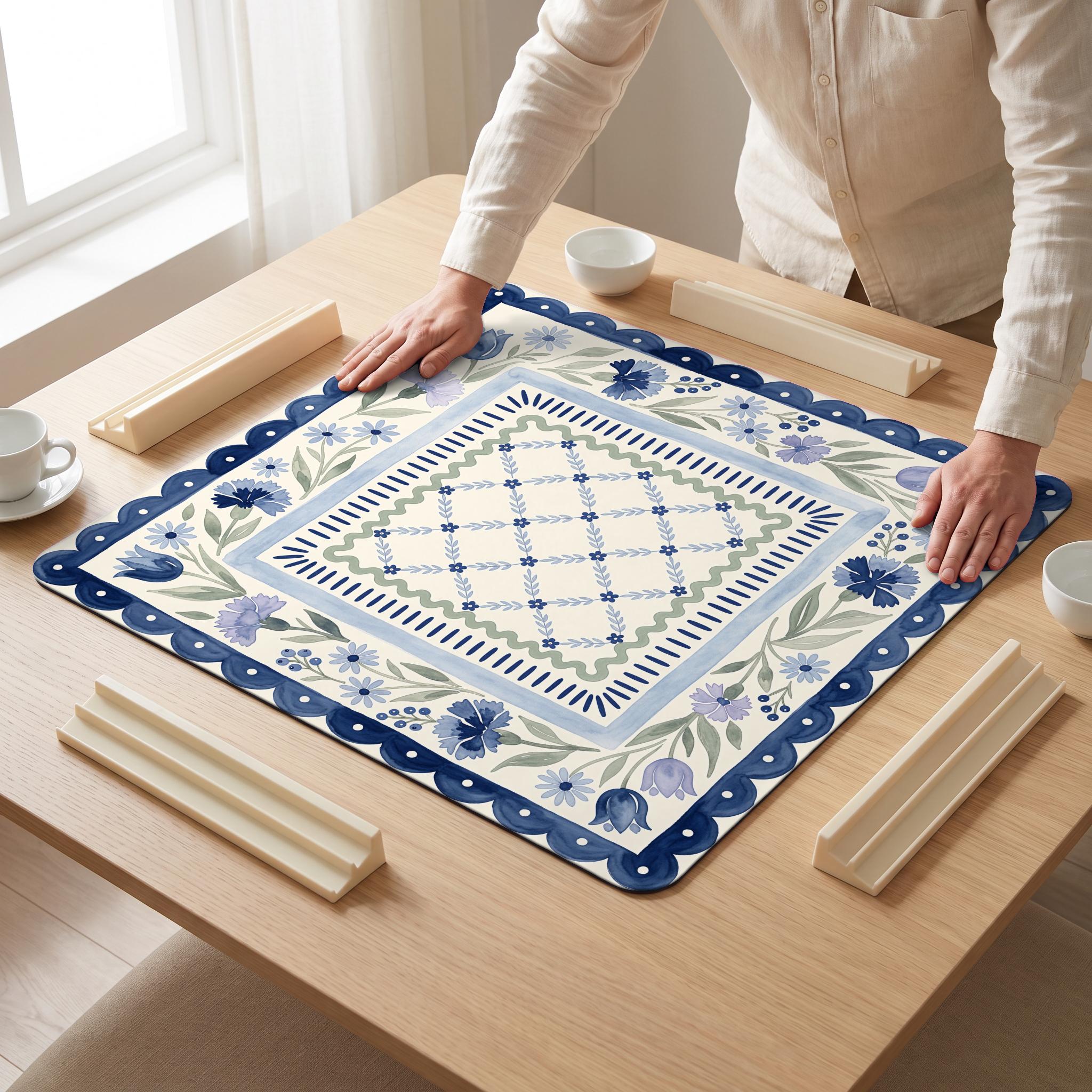 Cornflower Scallop Mahjong Mat — hands unrolling