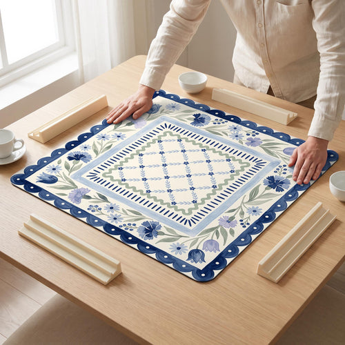Cornflower Scallop Mahjong Mat — hands unrolling