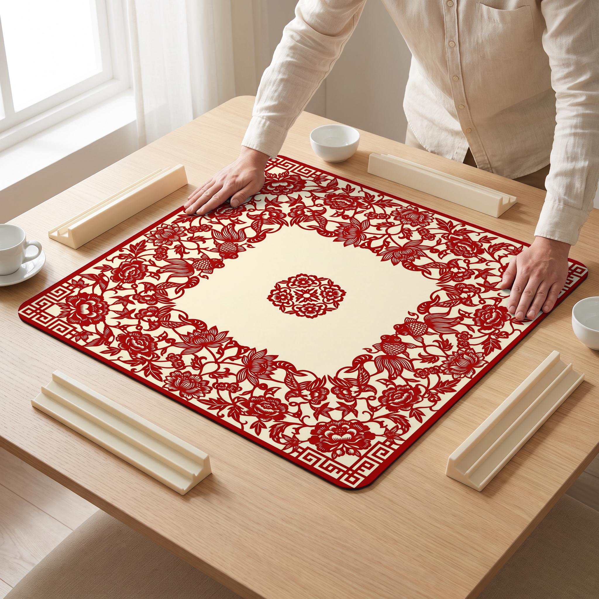 Jianzhi Redcut Mahjong Mat — hands unrolling