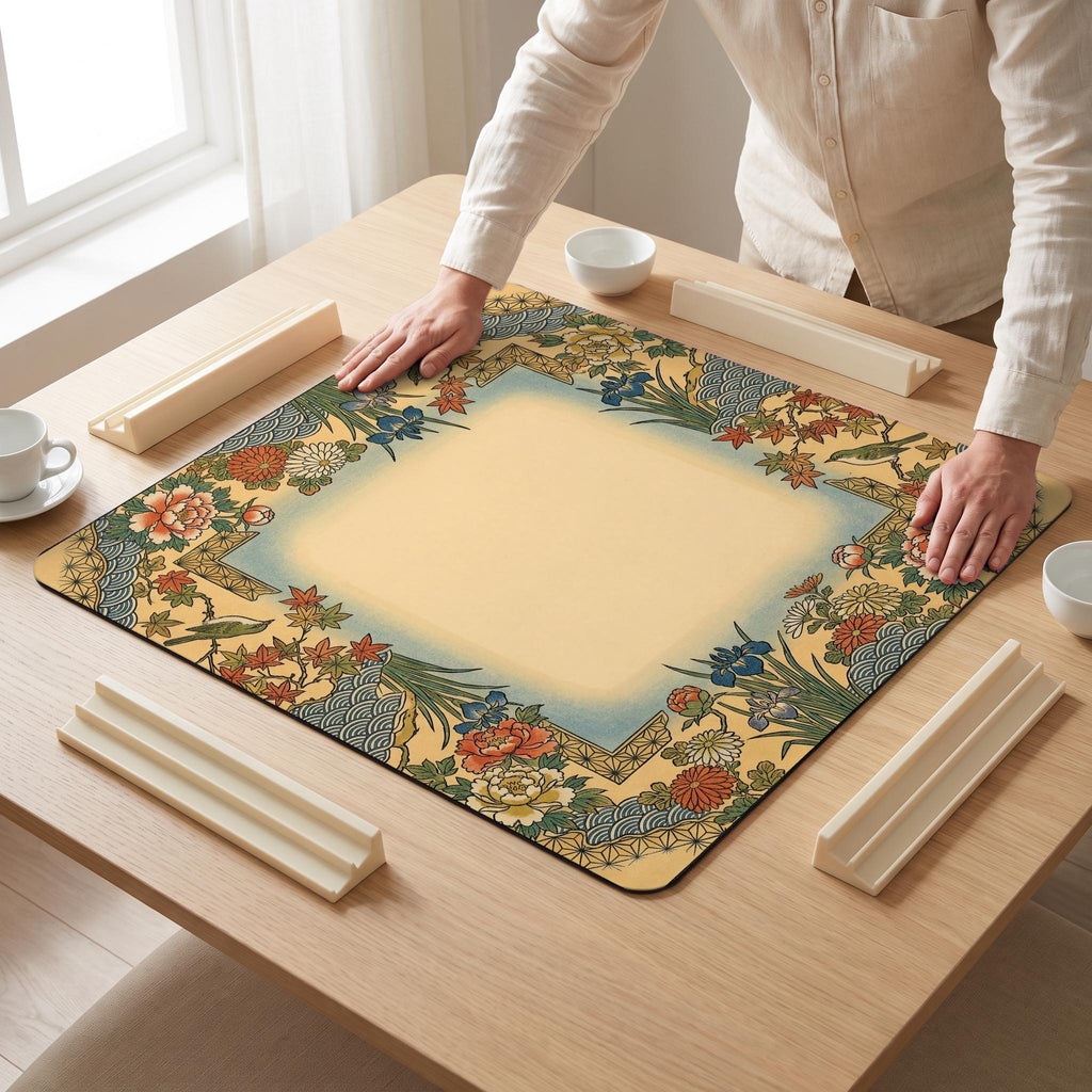 Ukiyoe Peony Mahjong Mat — hands unrolling