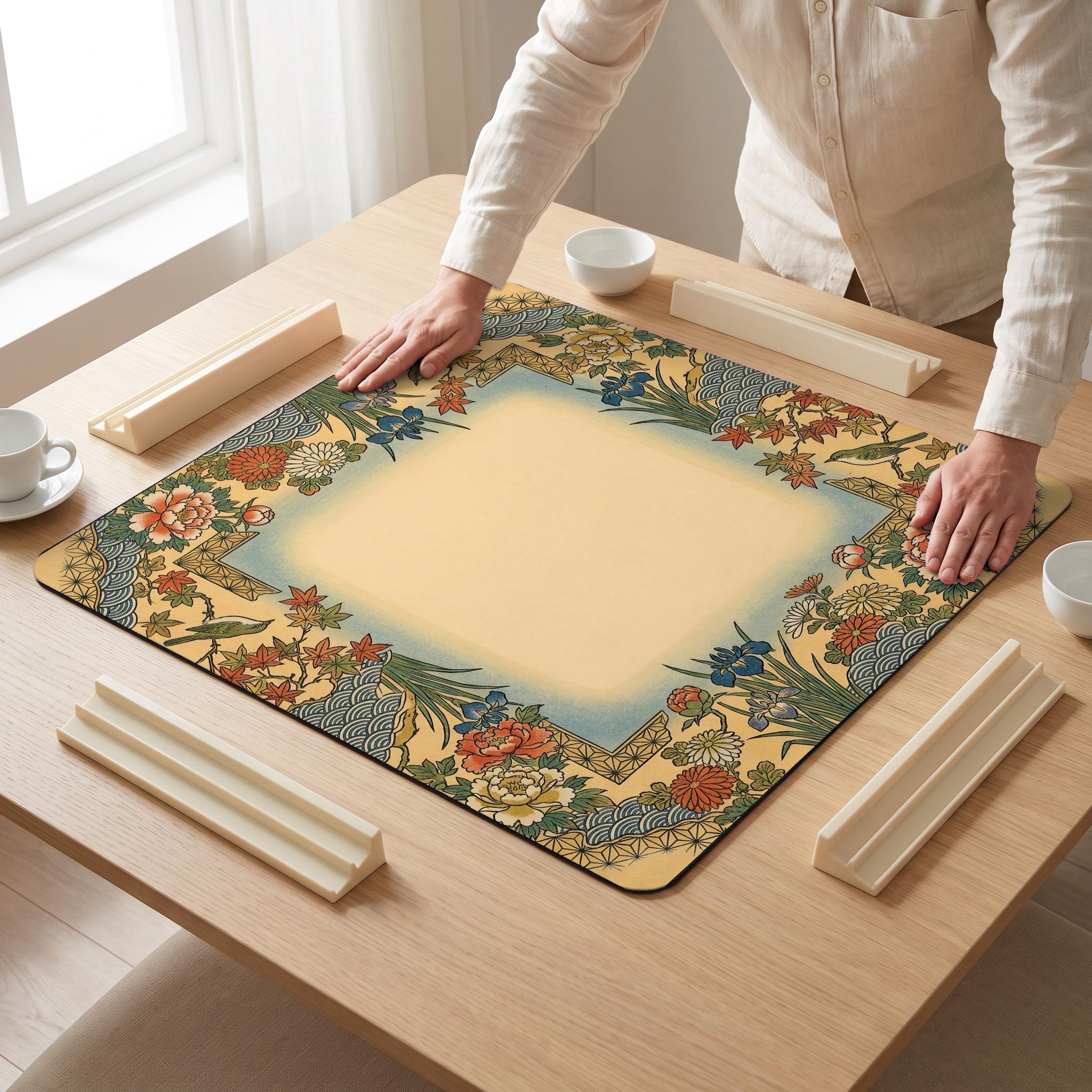 Ukiyoe Peony Mahjong Mat — hands unrolling