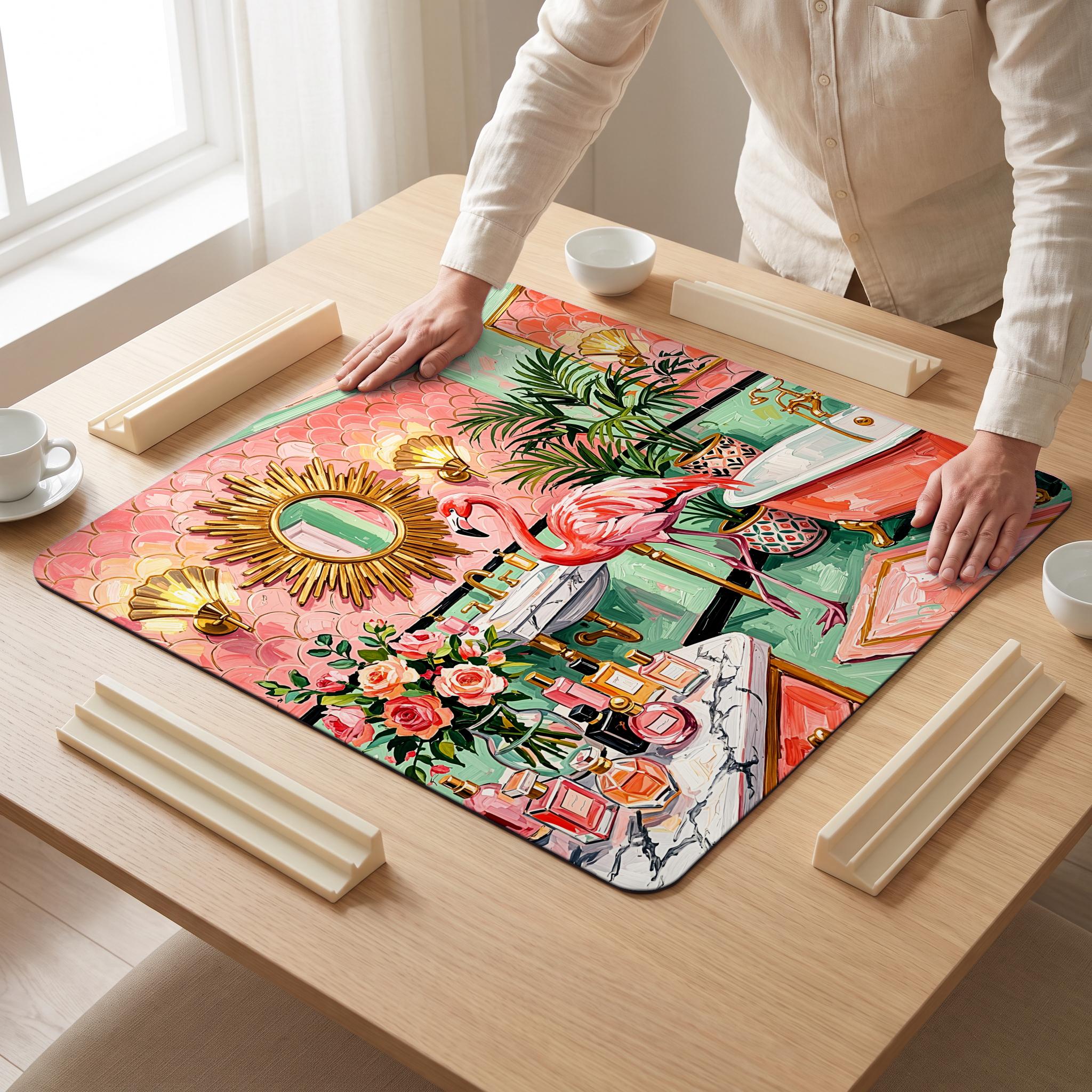 Flamingo Bathroom Mahjong Mat — hands unrolling