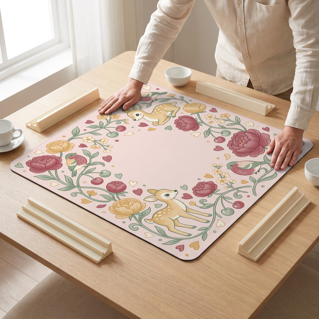Fawn Peony Mahjong Mat — hands unrolling