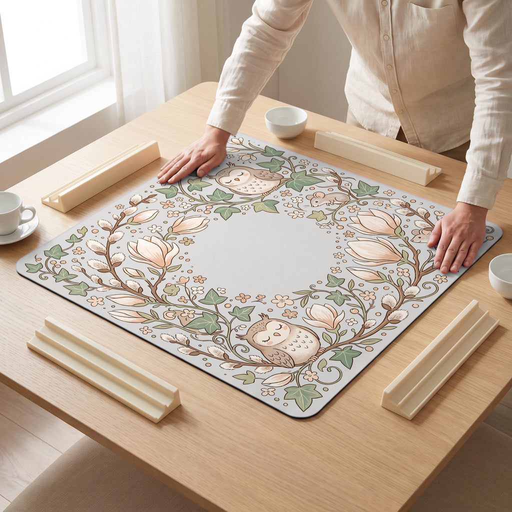 Owl Magnolia Mahjong Mat — hands unrolling