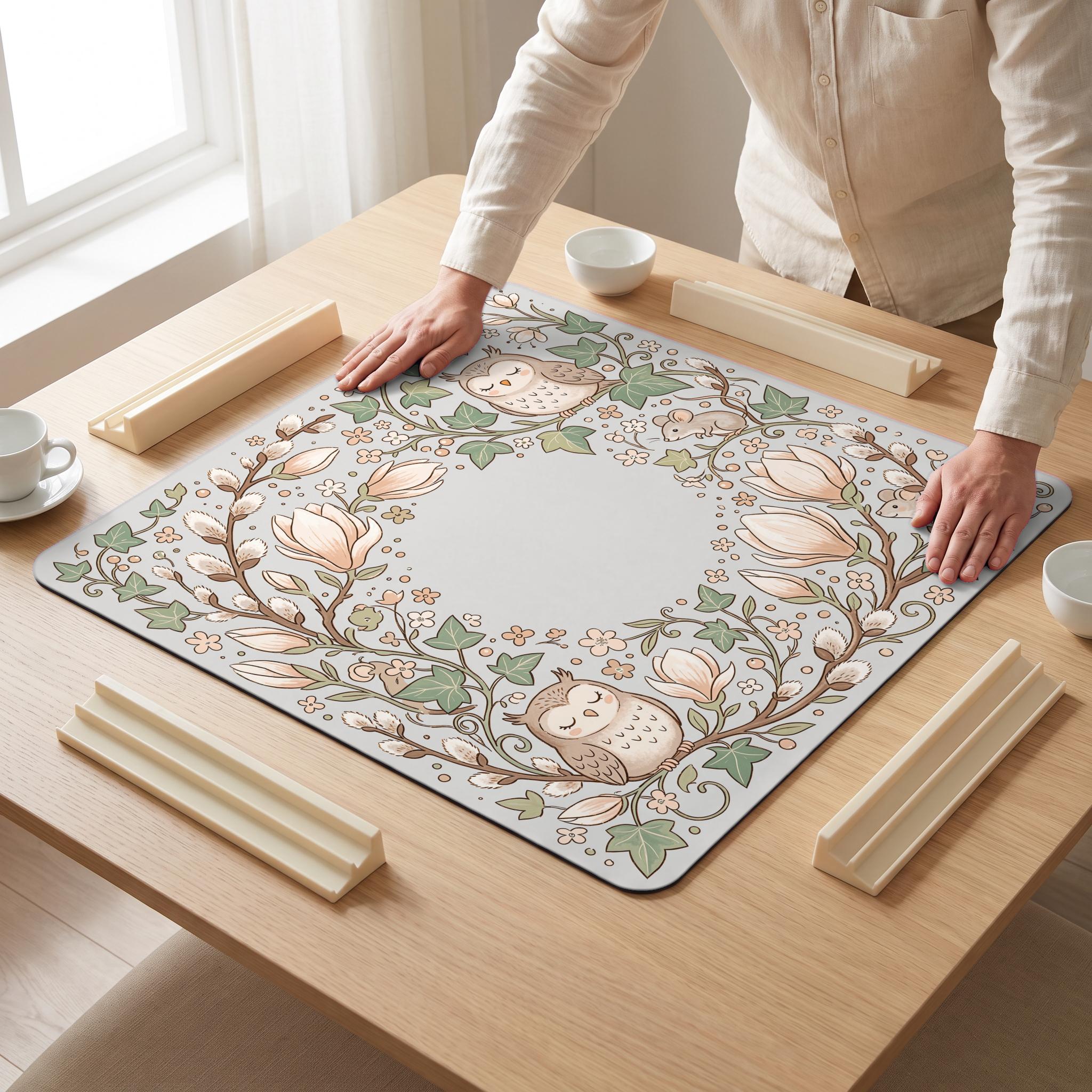Owl Magnolia Mahjong Mat — hands unrolling