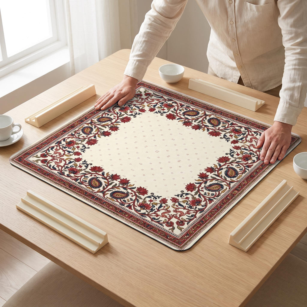 Kalamkari Chintz Mahjong Mat — hands unrolling