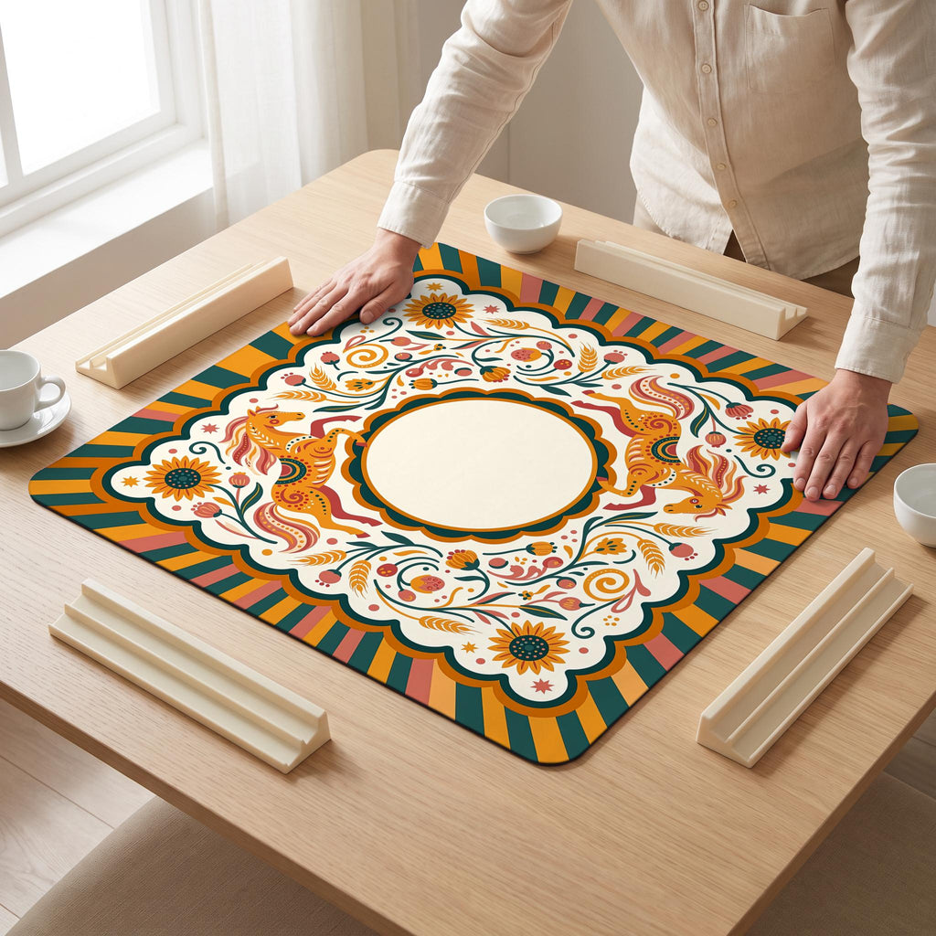 Folk Horses Mahjong Mat — hands unrolling