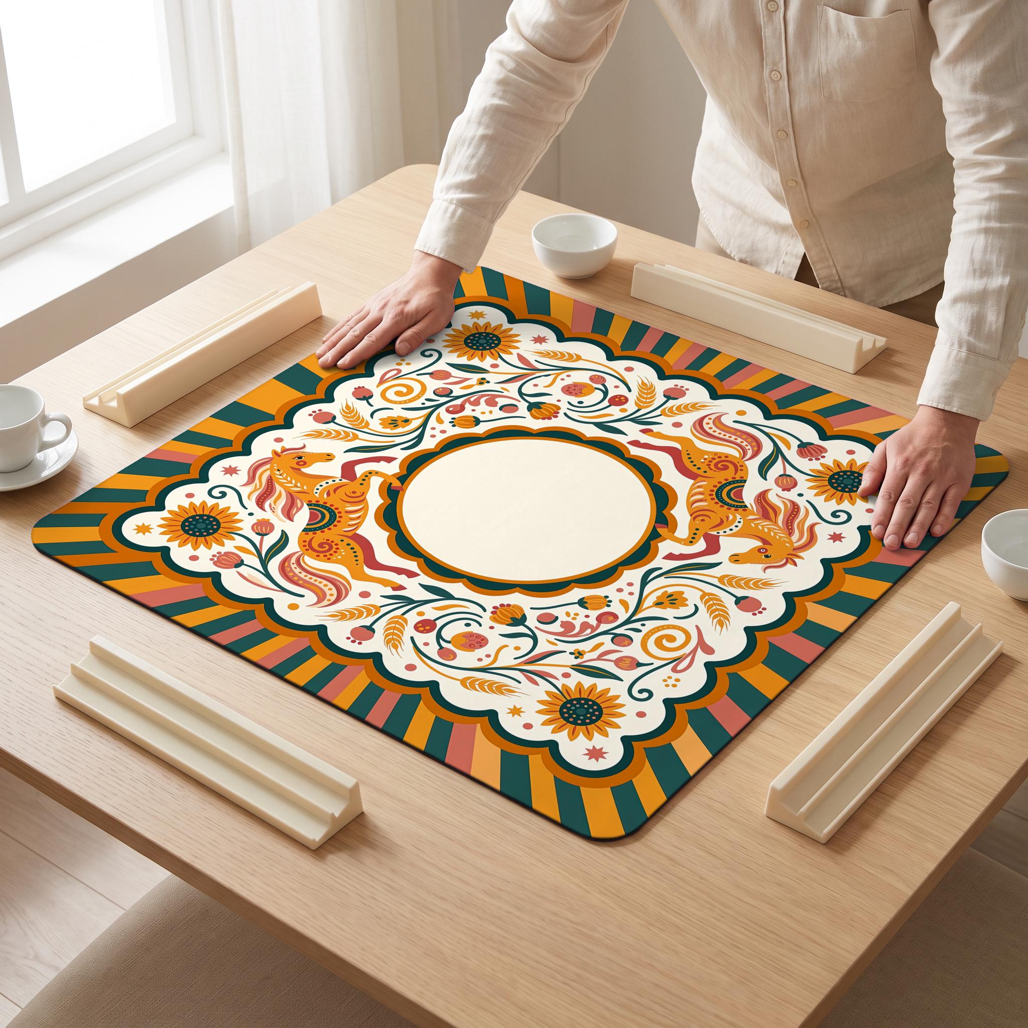 Folk Horses Mahjong Mat — hands unrolling