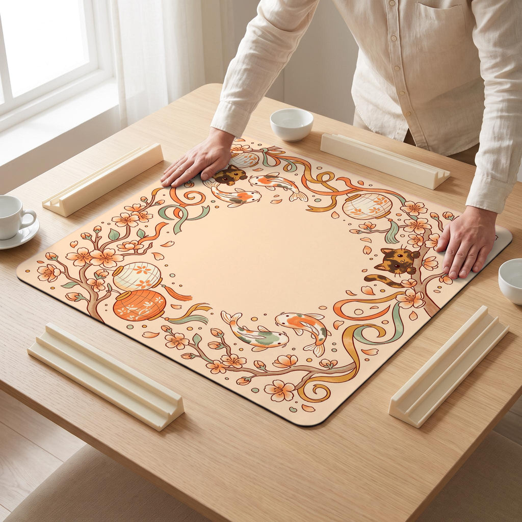Lantern Koi Mahjong Mat — hands unrolling