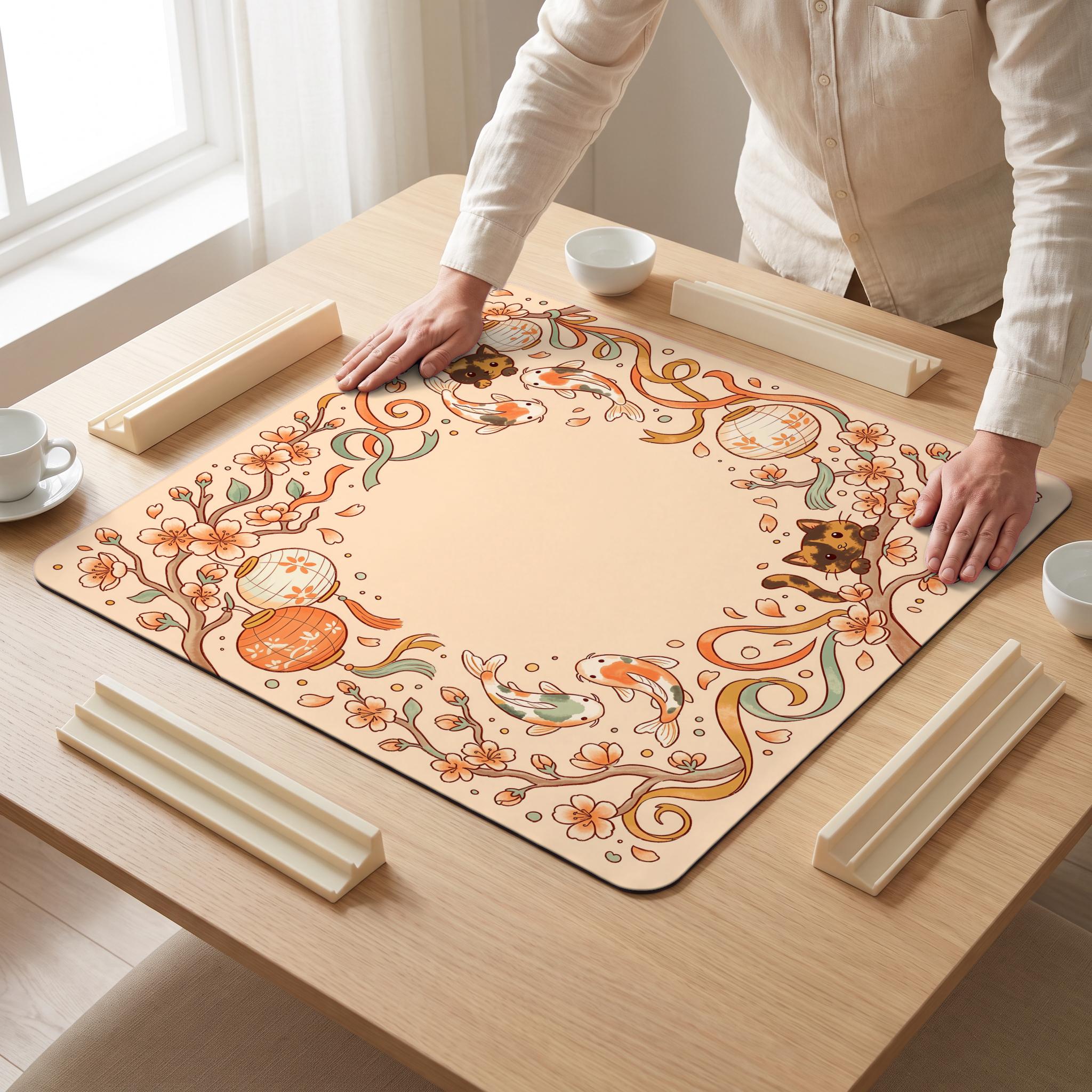 Lantern Koi Mahjong Mat — hands unrolling