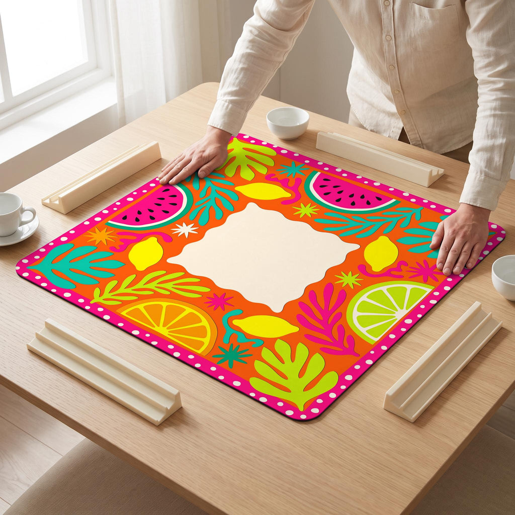 Fruit Punch Mahjong Mat — hands unrolling