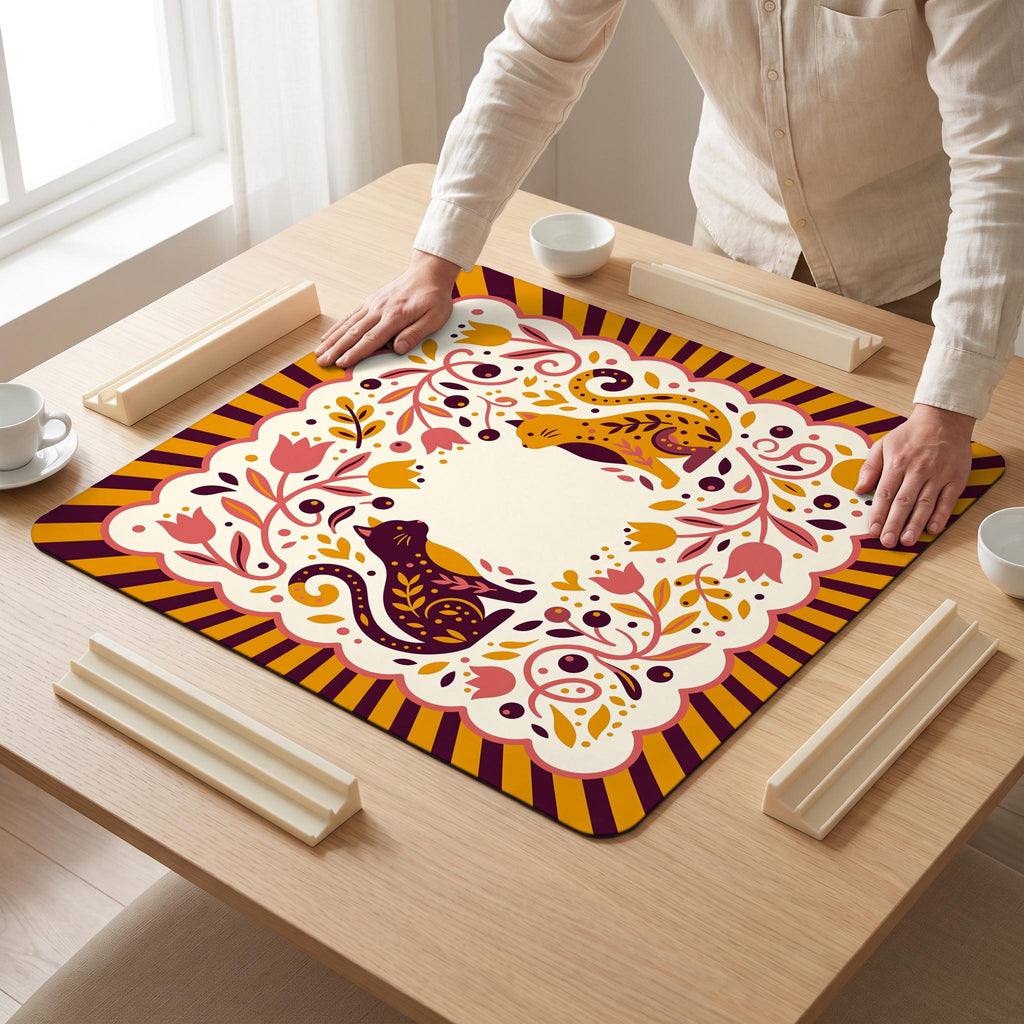Tulip Cats Mahjong Mat — hands unrolling