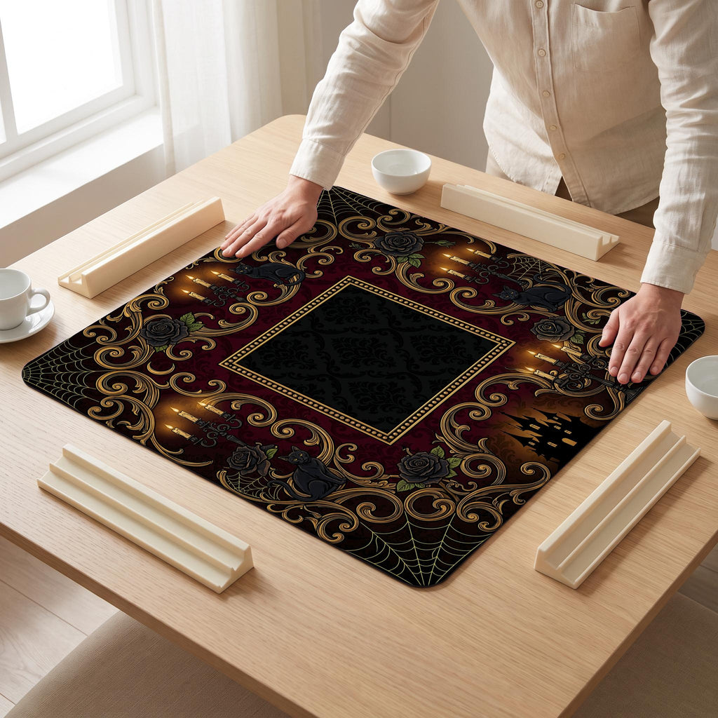 Gothic Candelabra Mahjong Mat — hands unrolling