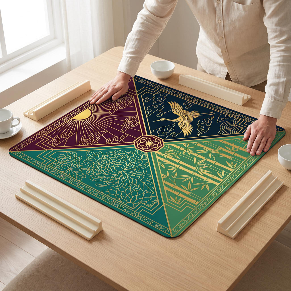 Deco Sunrise Quarters Mahjong Mat — hands unrolling