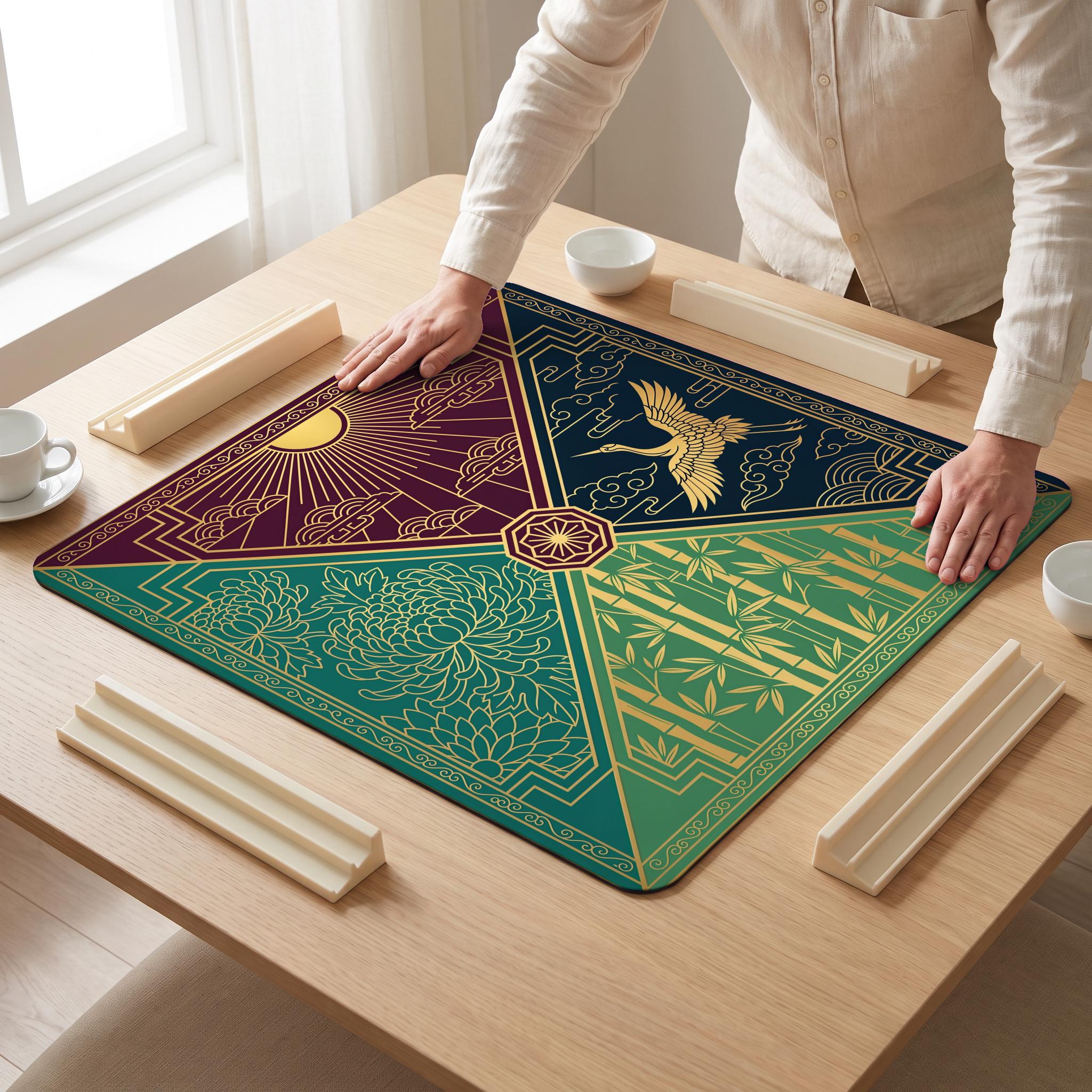 Deco Sunrise Quarters Mahjong Mat — hands unrolling