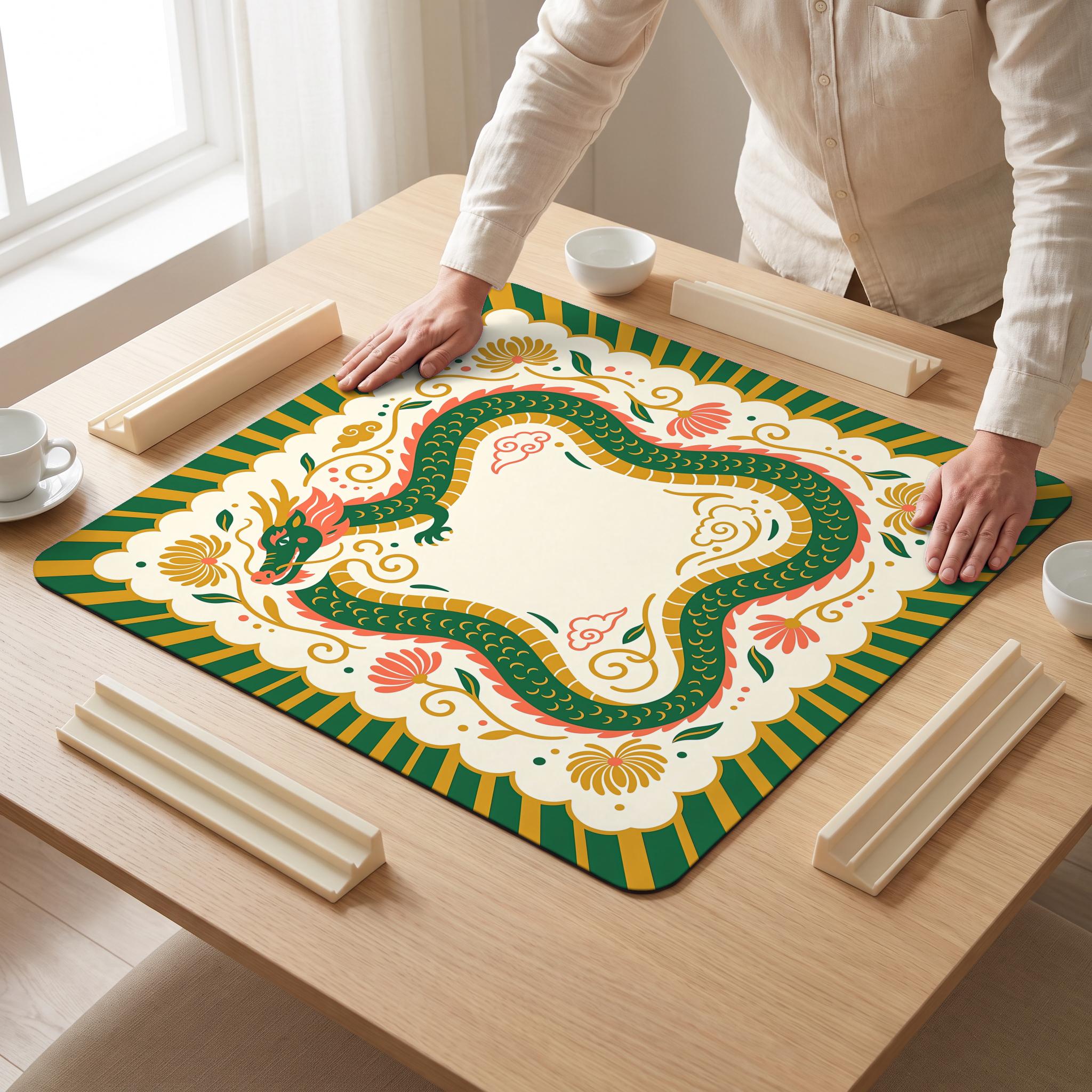 Green Dragon Mahjong Mat — hands unrolling