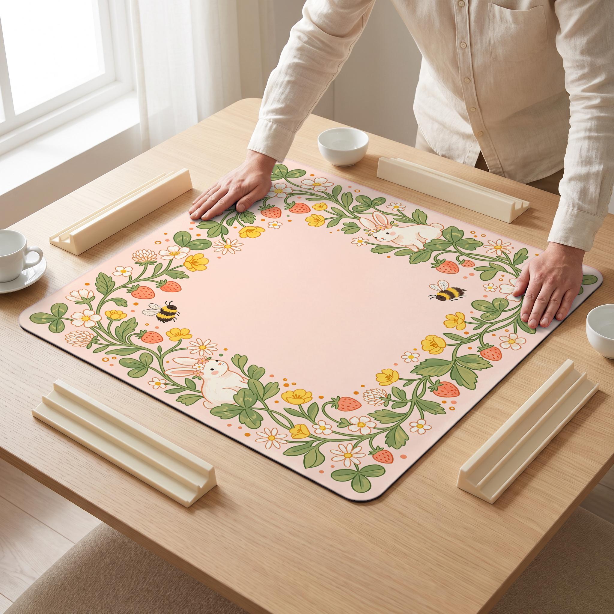 Strawberry Bunny Mahjong Mat — hands unrolling