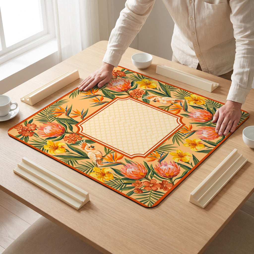 Protea Cockatoo Mahjong Mat — hands unrolling