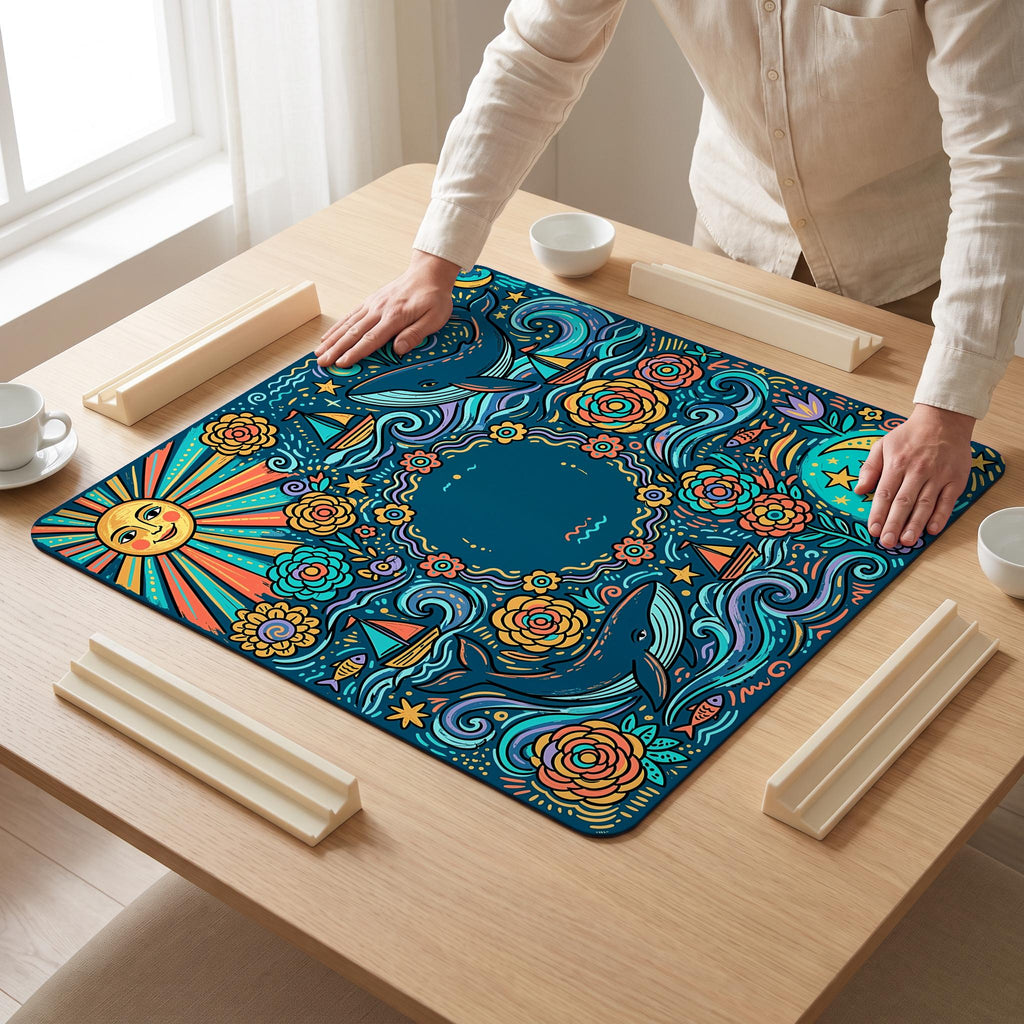 Ocean Sun Moon Mahjong Mat — hands unrolling