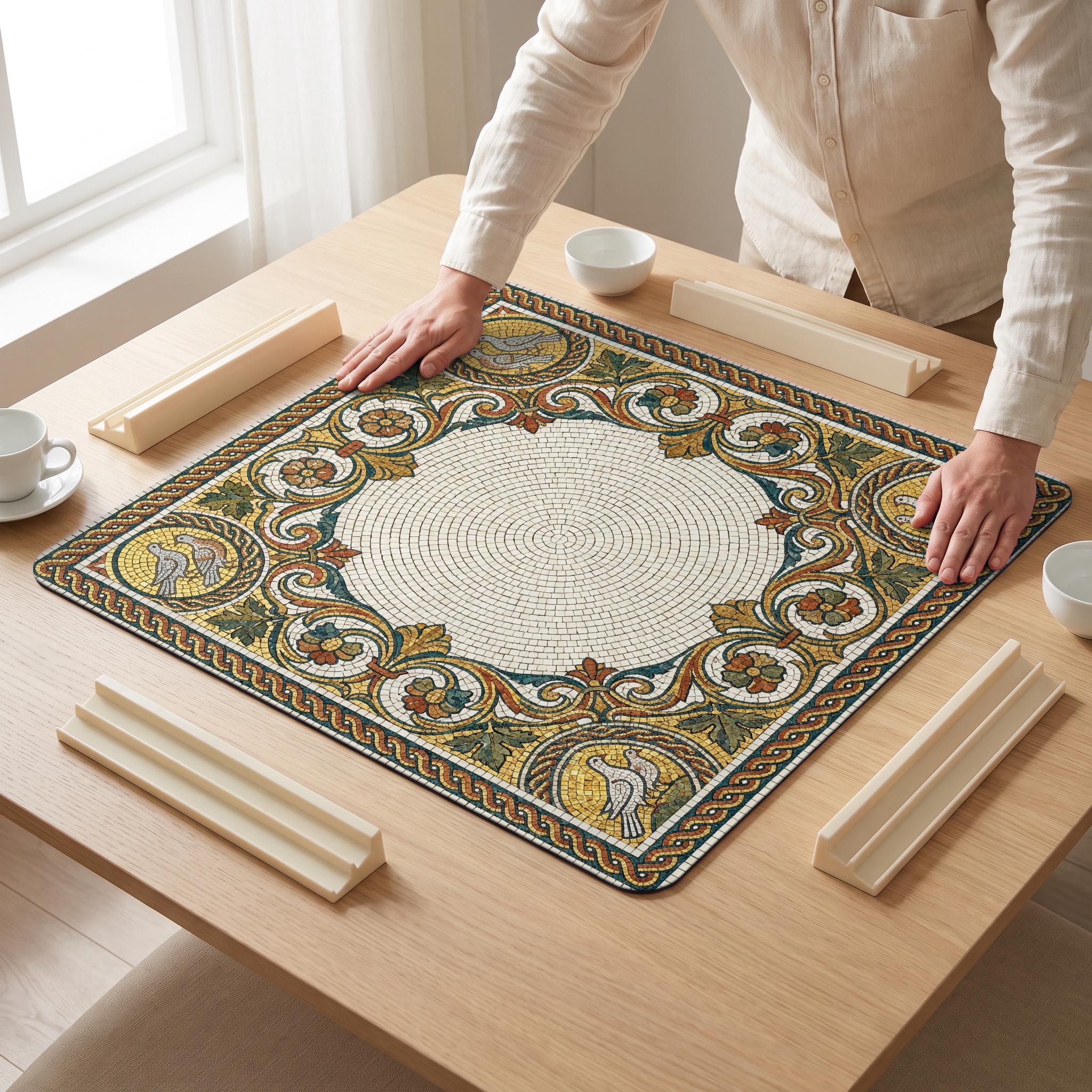 Mosaic Doves Mahjong Mat — hands unrolling