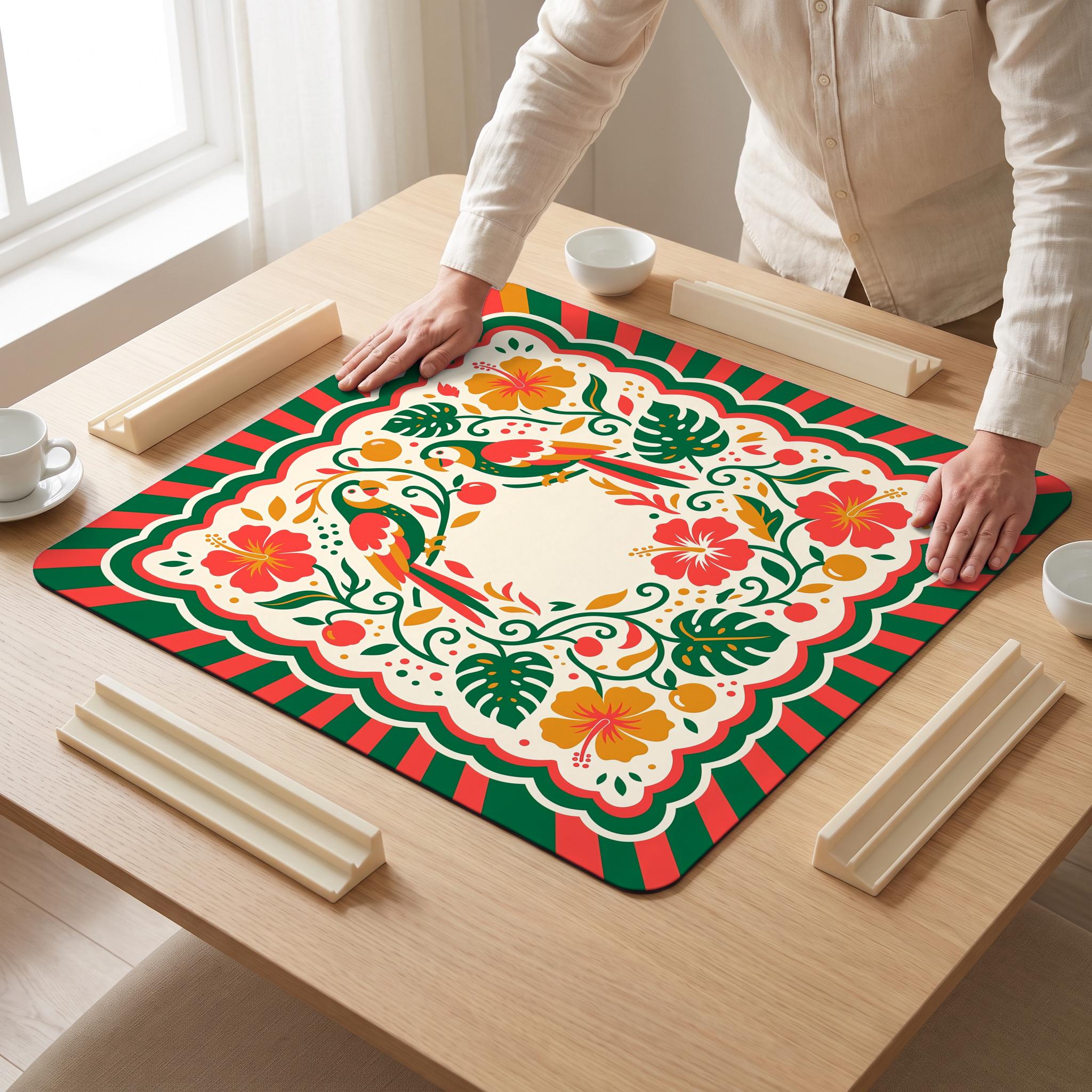 Parrot Hibiscus Mahjong Mat — hands unrolling