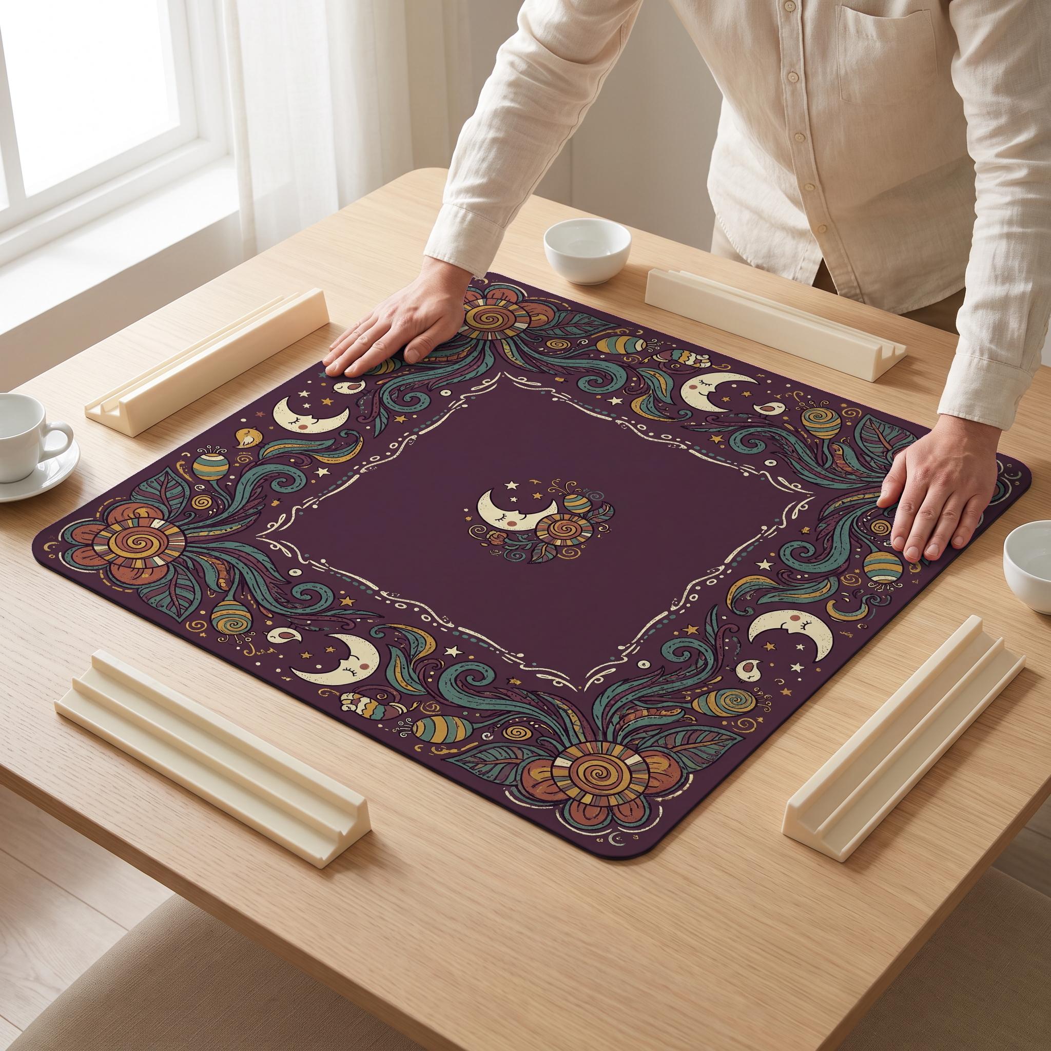 Whimsy Moon Garden Mahjong Mat — hands unrolling