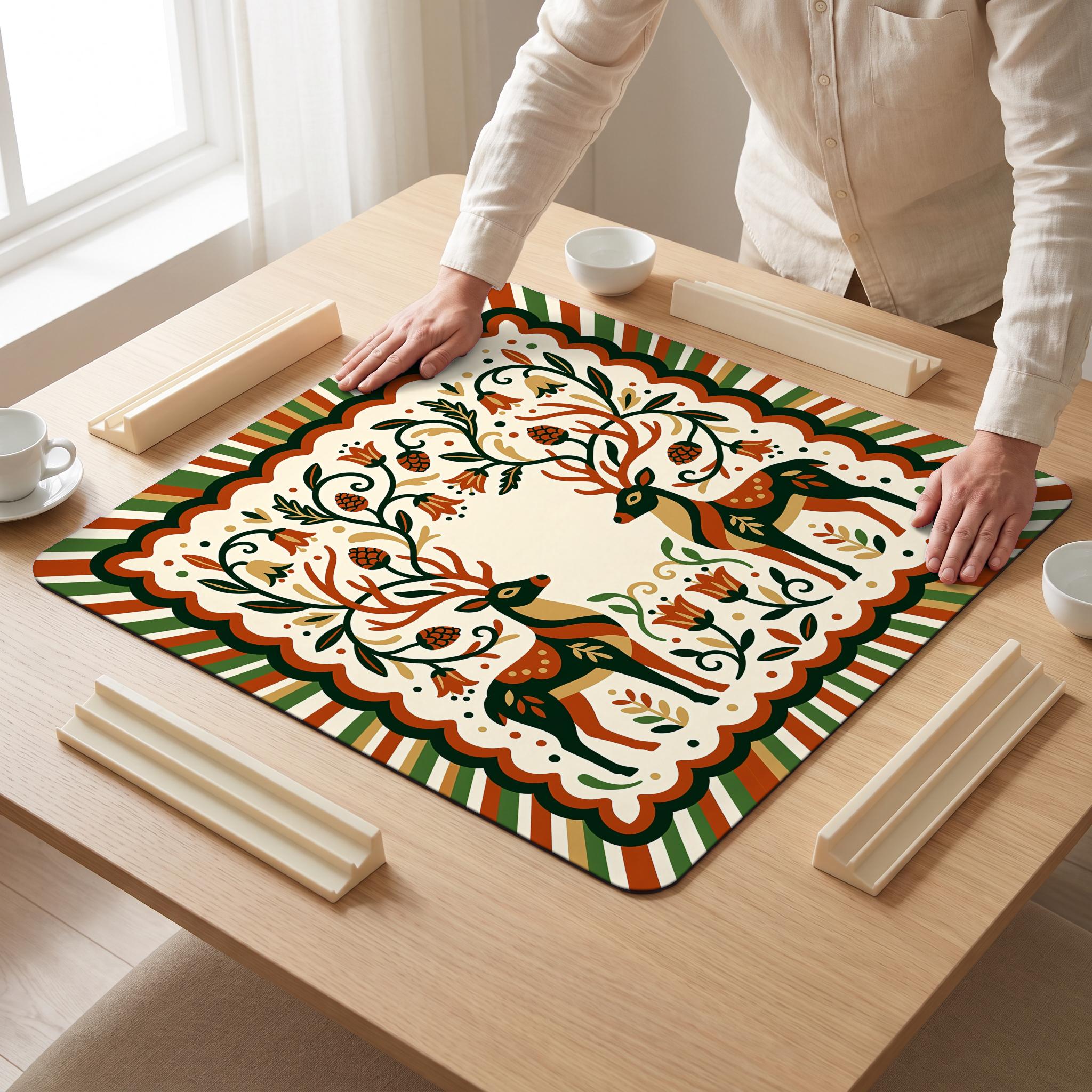 Folk Stags Mahjong Mat — hands unrolling