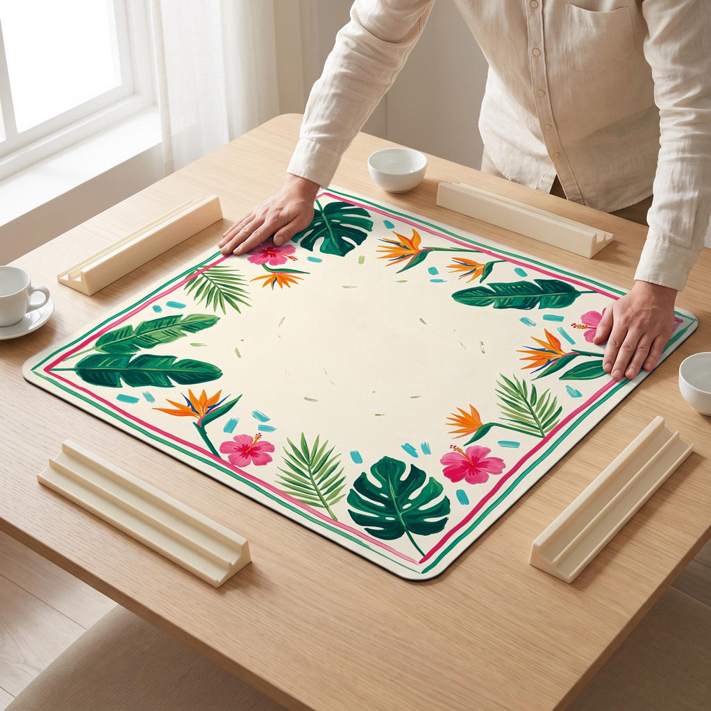 Monstera Hibiscus Mahjong Mat — hands unrolling