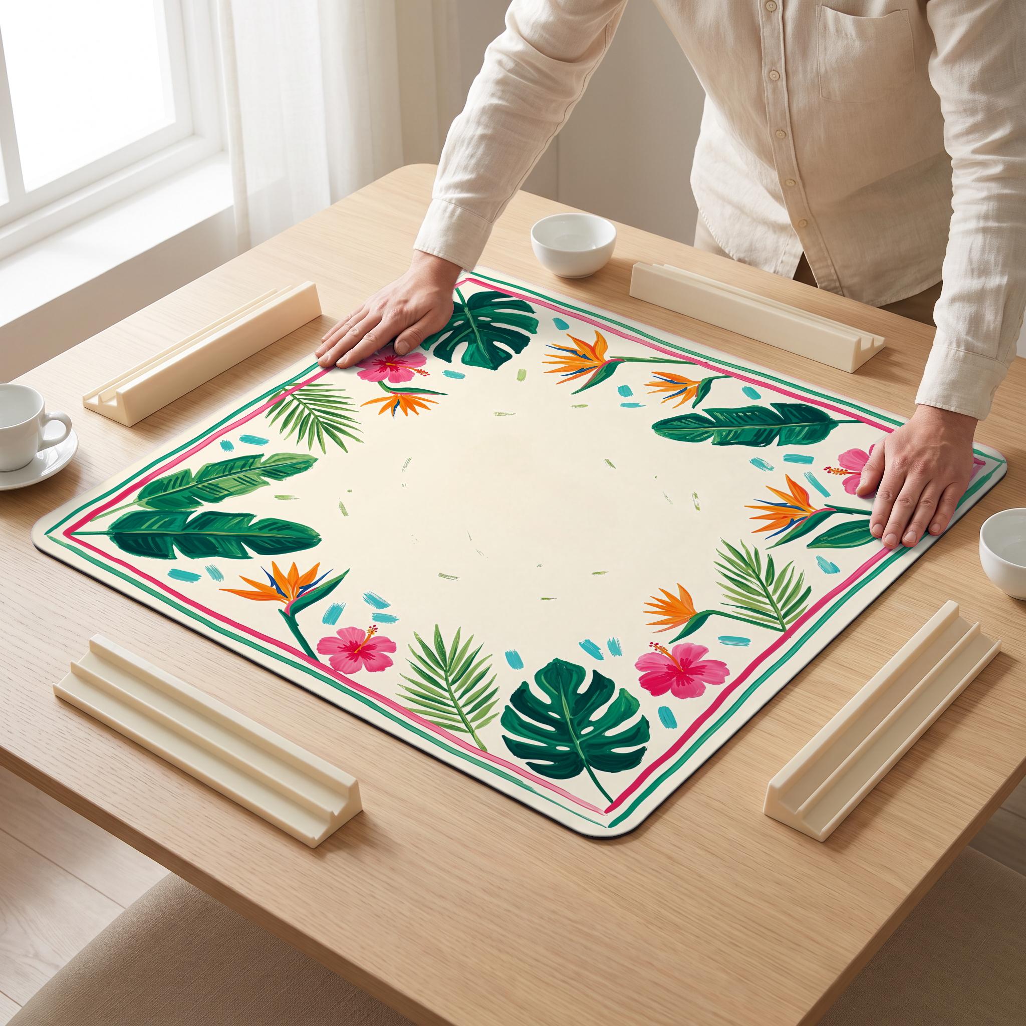 Monstera Hibiscus Mahjong Mat — hands unrolling
