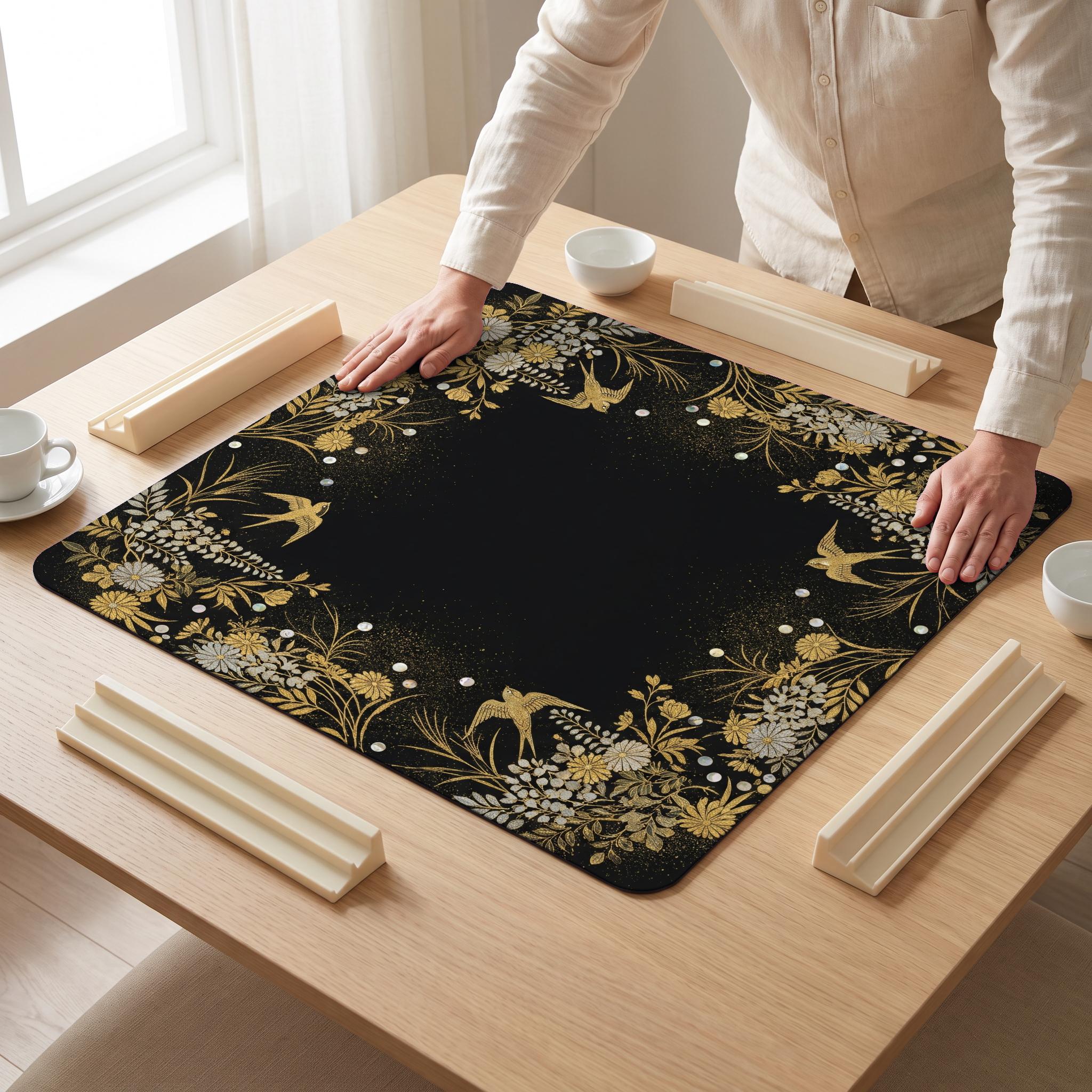 Makie Wisteria Mahjong Mat — hands unrolling