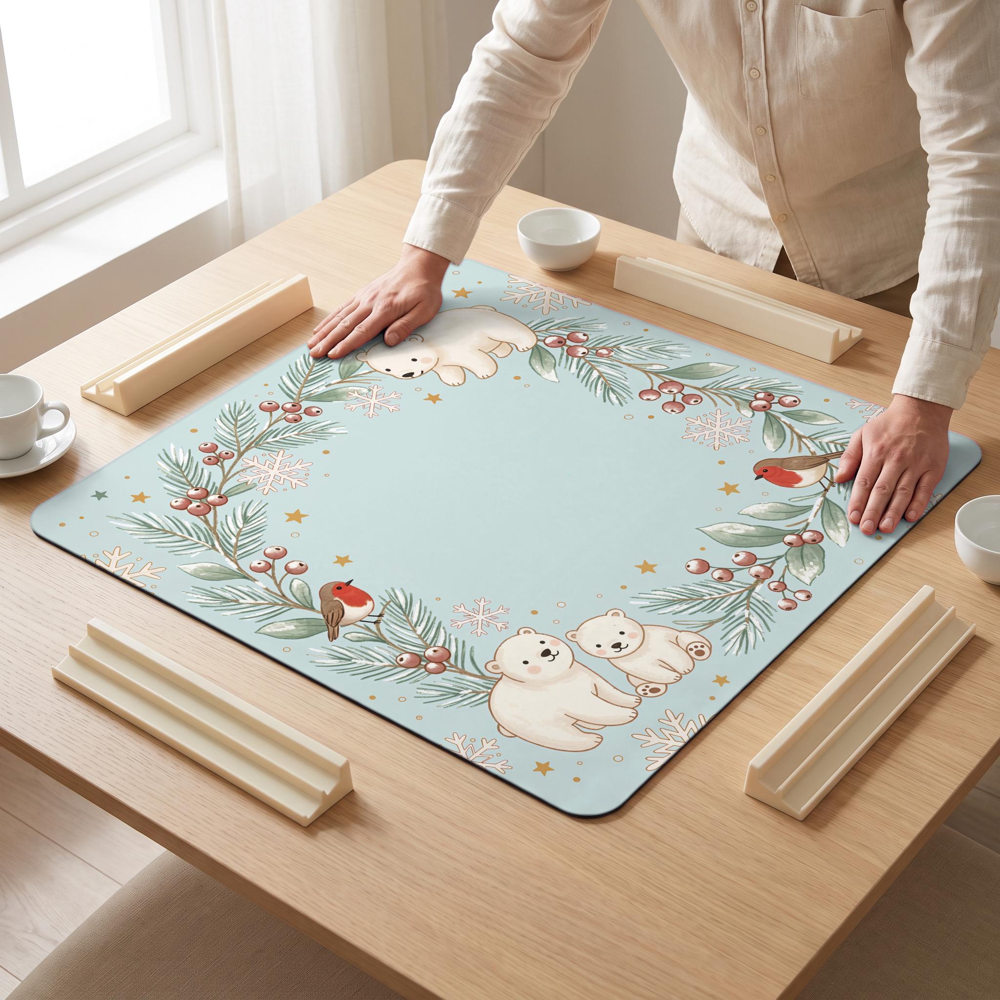 Polar Bear Winter Mahjong Mat — hands unrolling