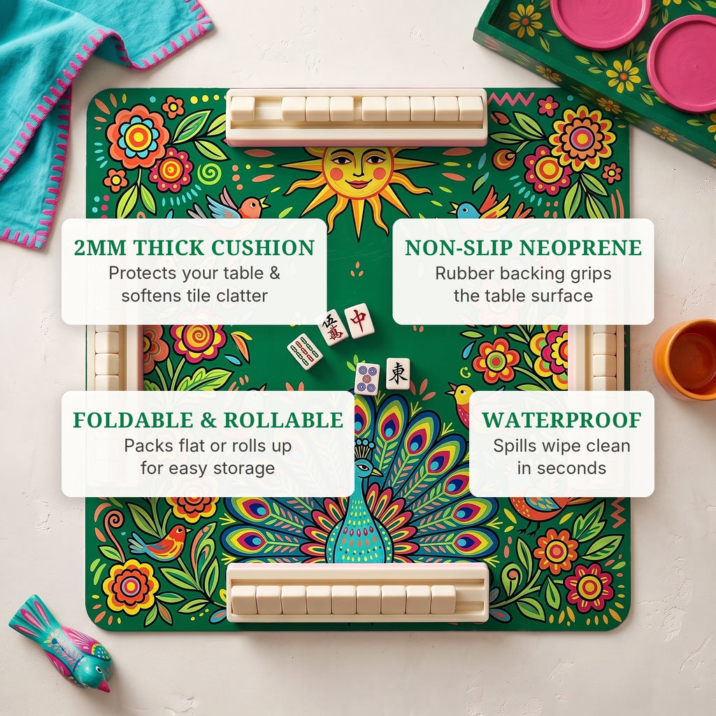 Folk Sun Peacock Mahjong Mat — features