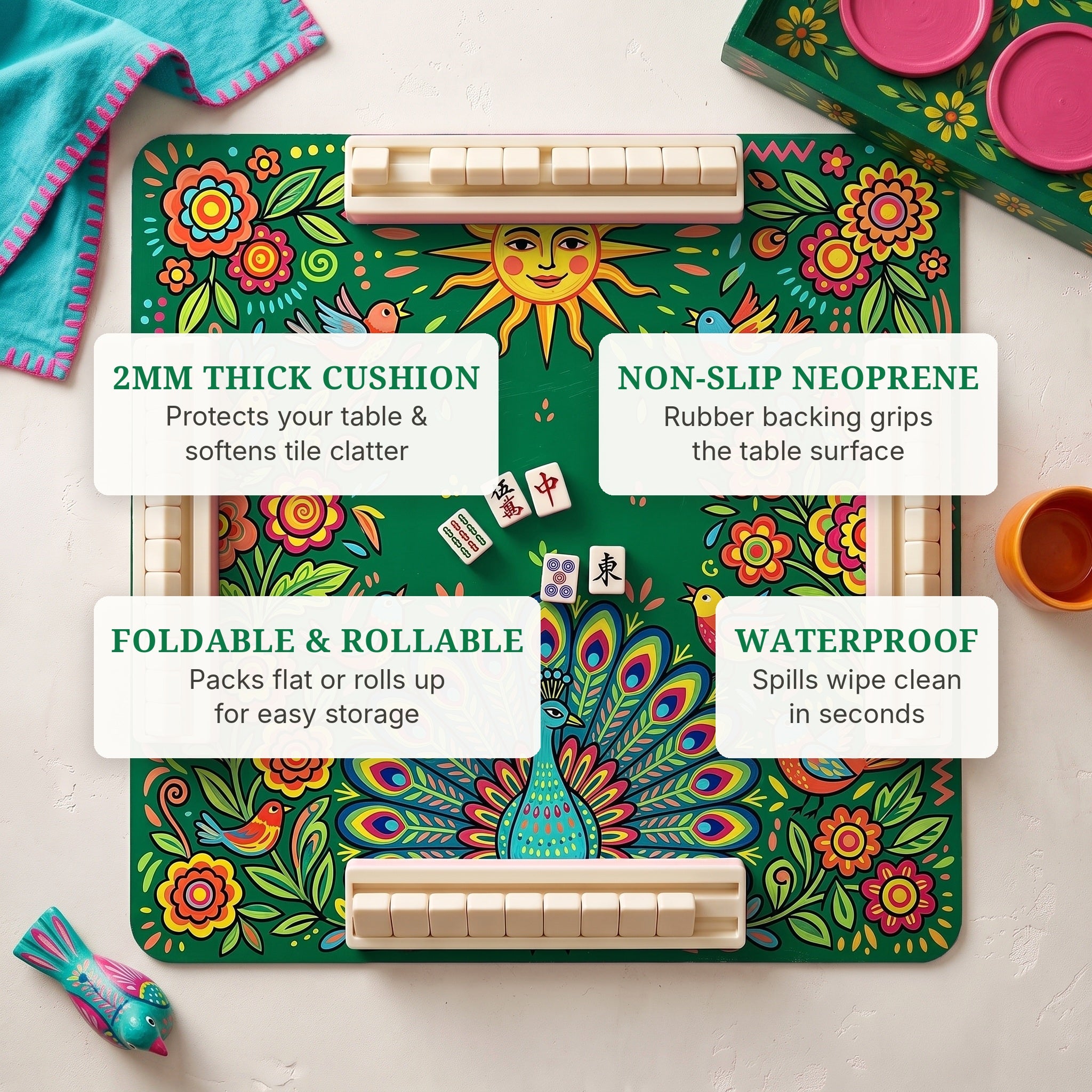 Folk Sun Peacock Mahjong Mat — features
