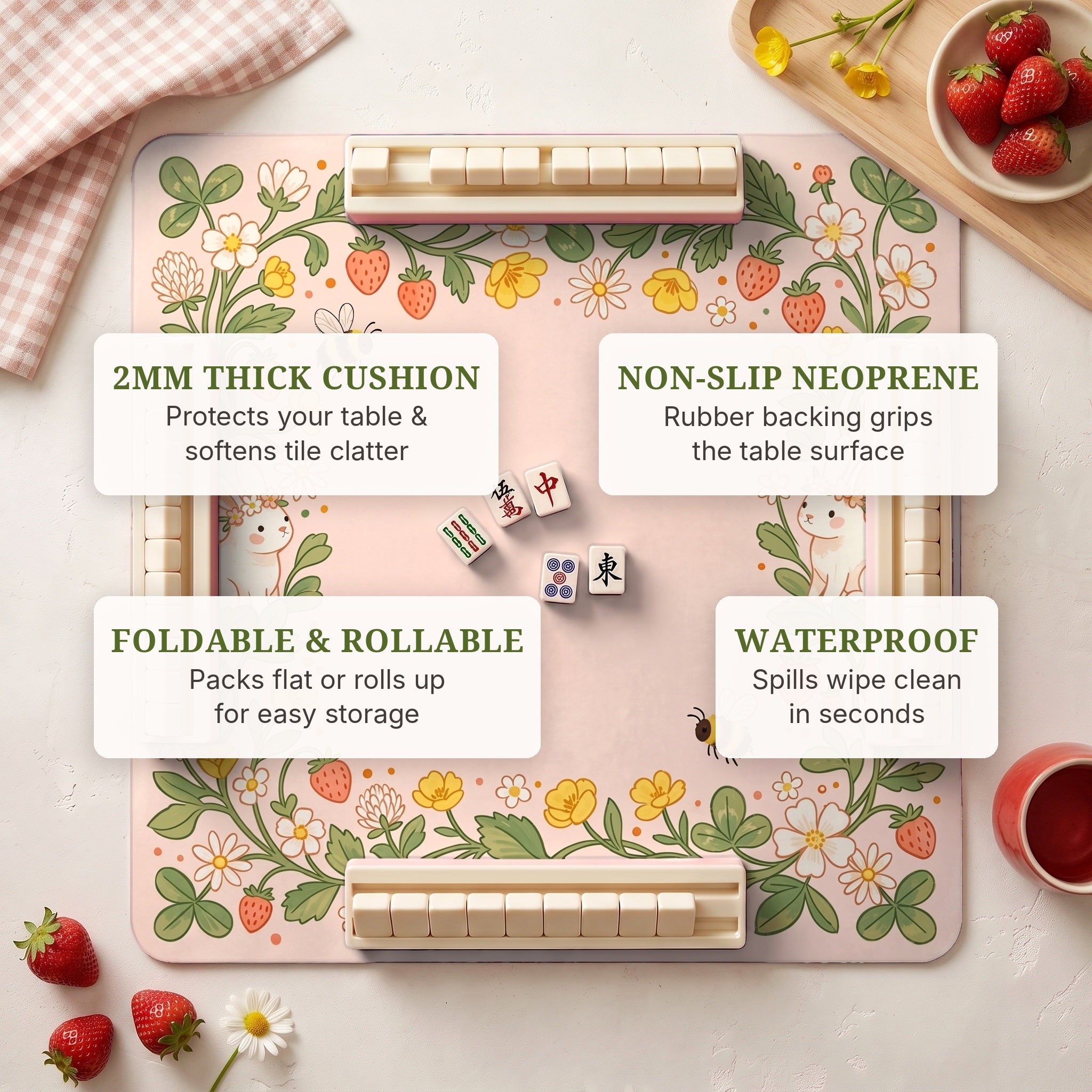 Strawberry Bunny Mahjong Mat — features