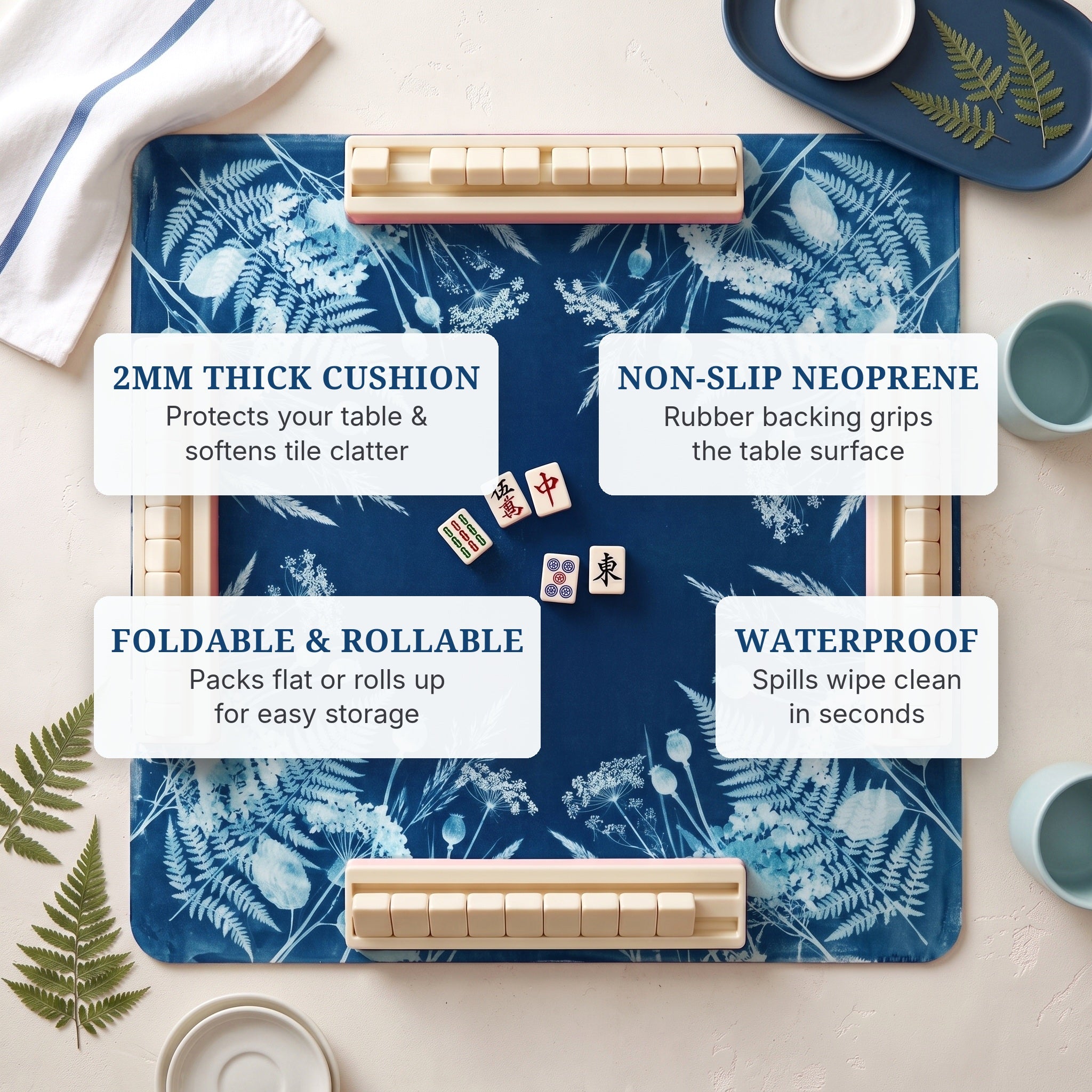 Cyanotype Fern Mahjong Mat — features