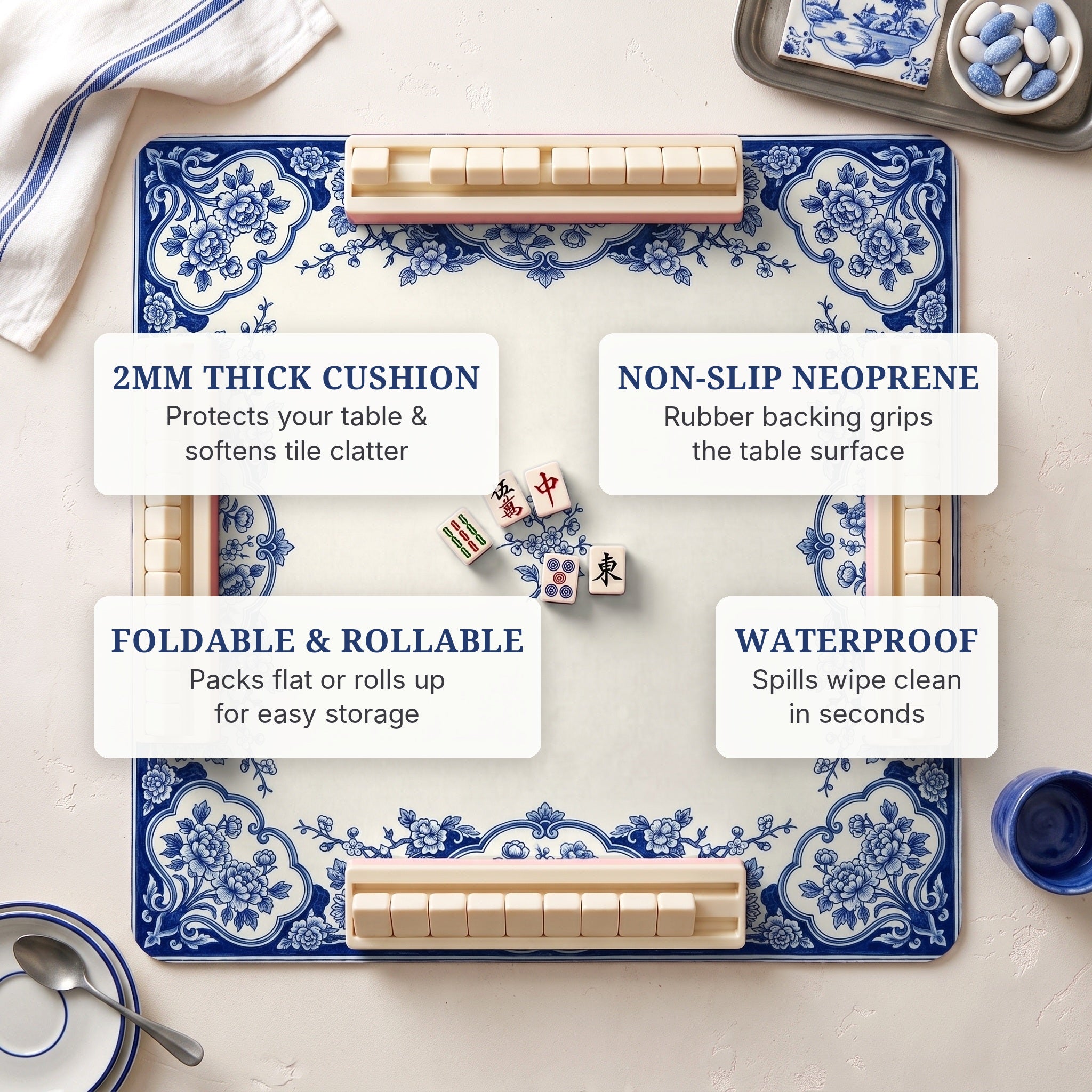 Delft Cartouche Mahjong Mat — features