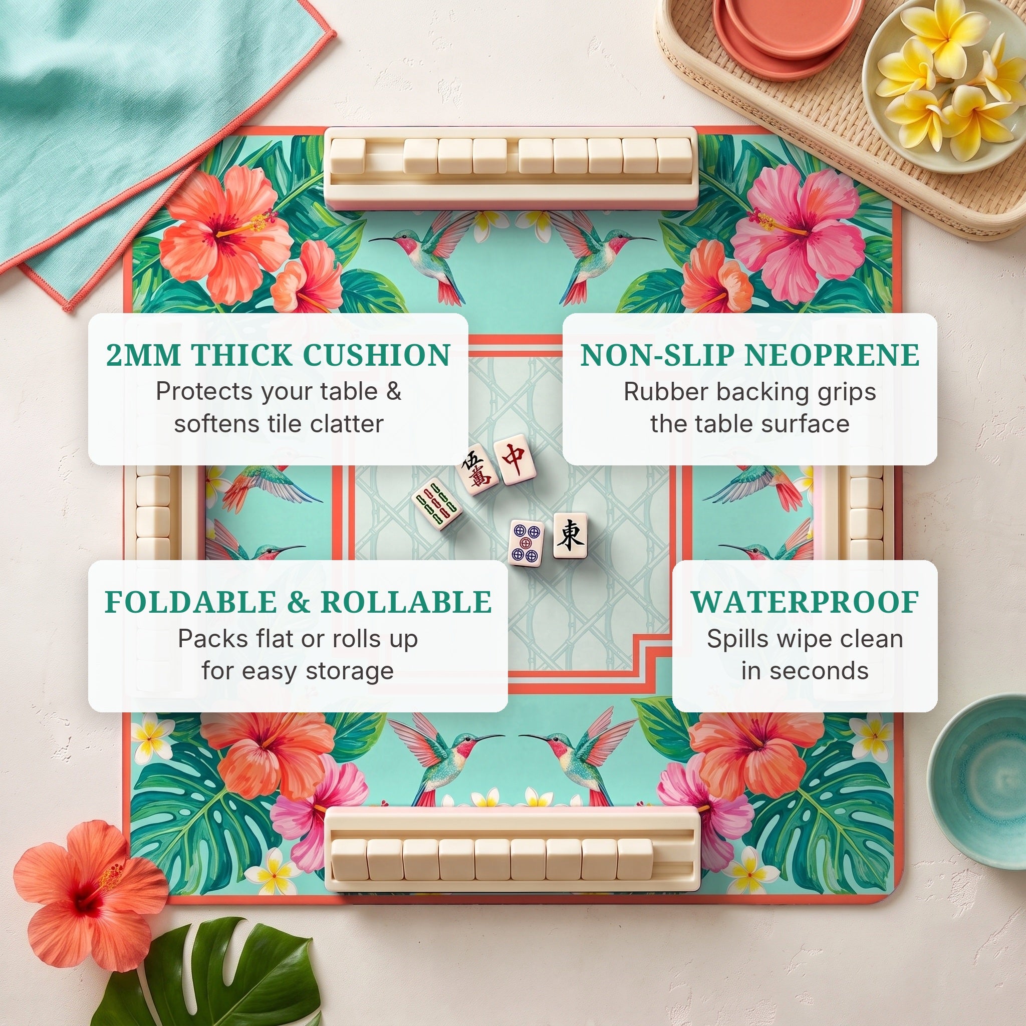 Hibiscus Hummingbird Mahjong Mat — features