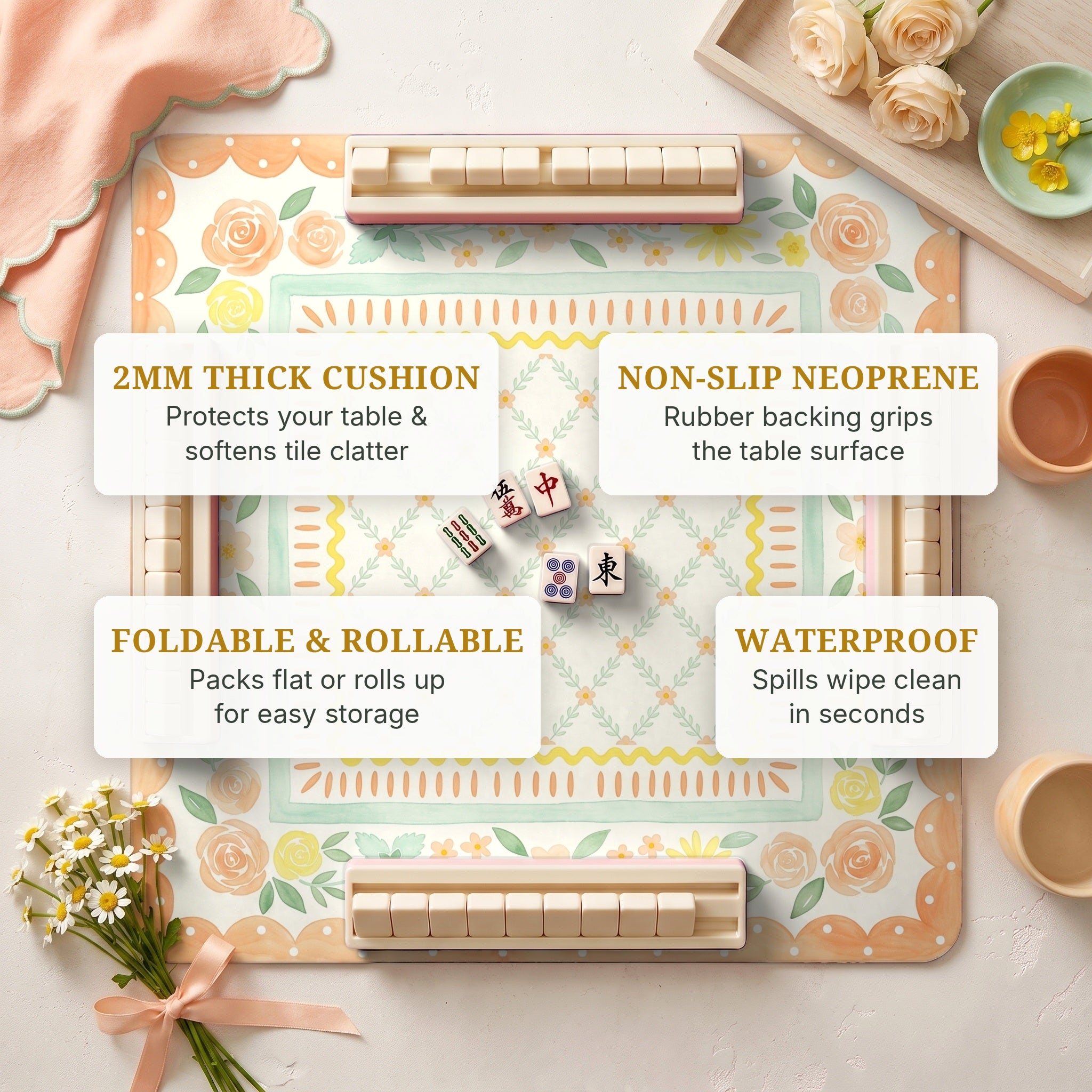 Peach Posy Mahjong Mat — features