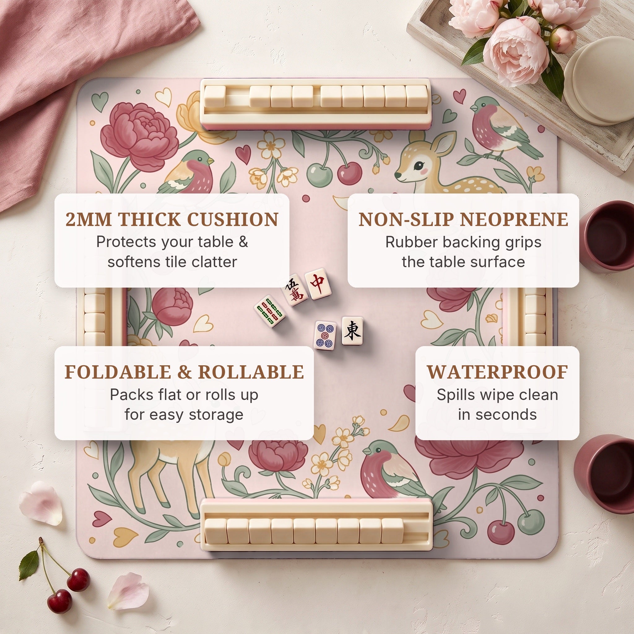 Fawn Peony Mahjong Mat — features