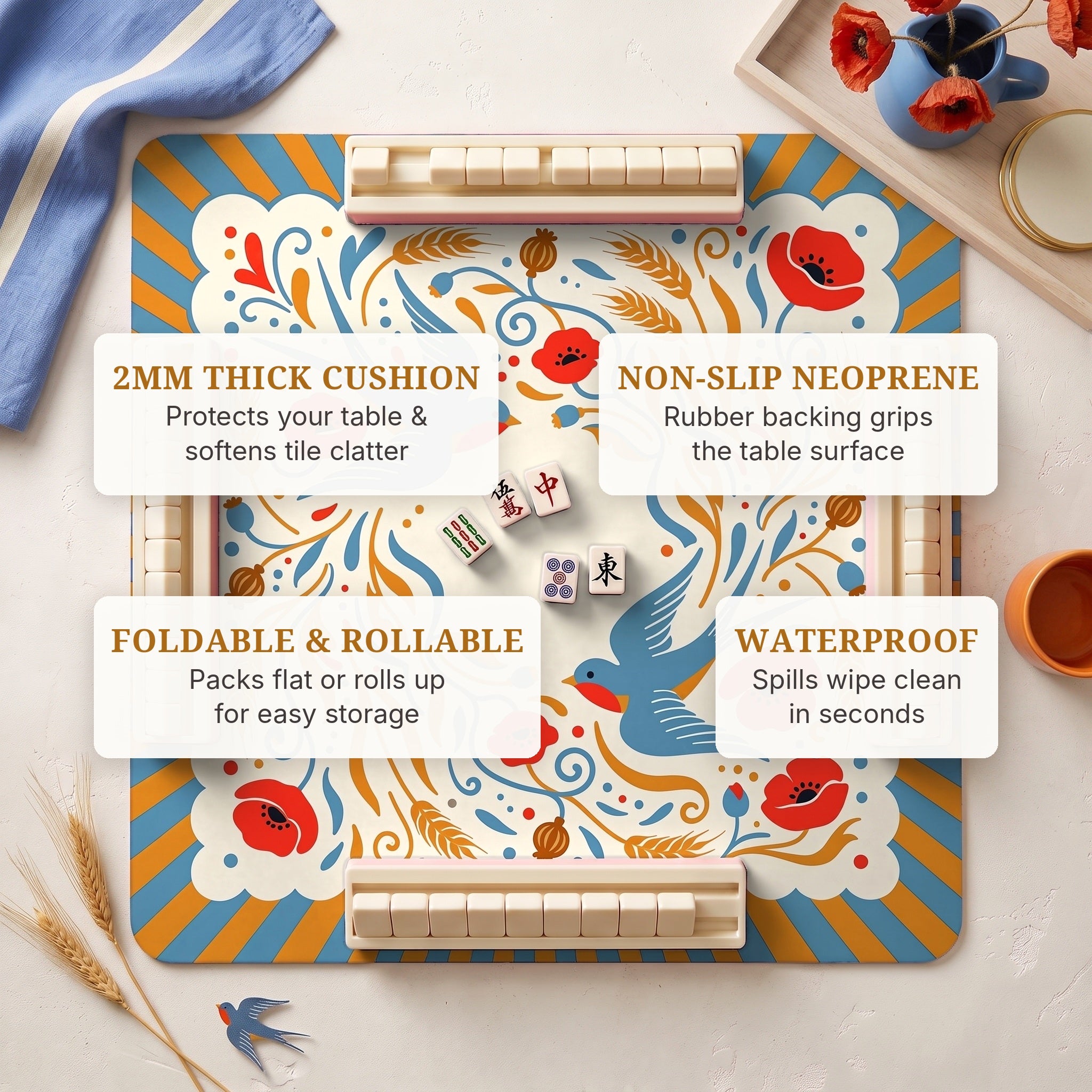 Swallow Poppy Mahjong Mat — features