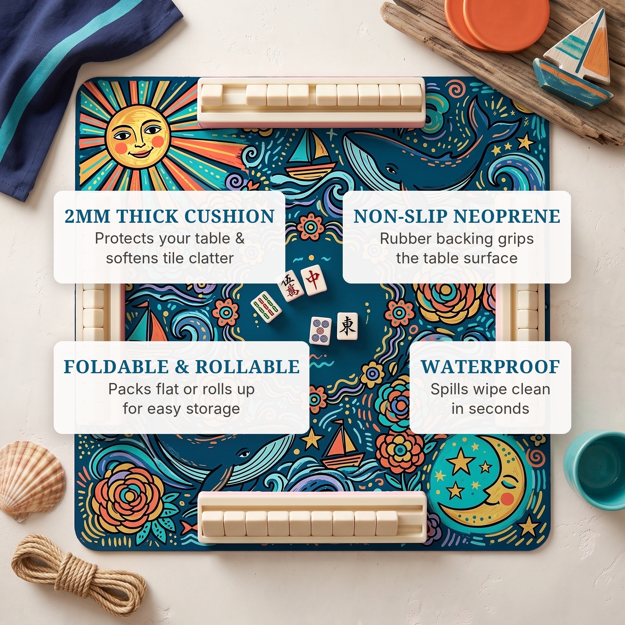 Ocean Sun Moon Mahjong Mat — features