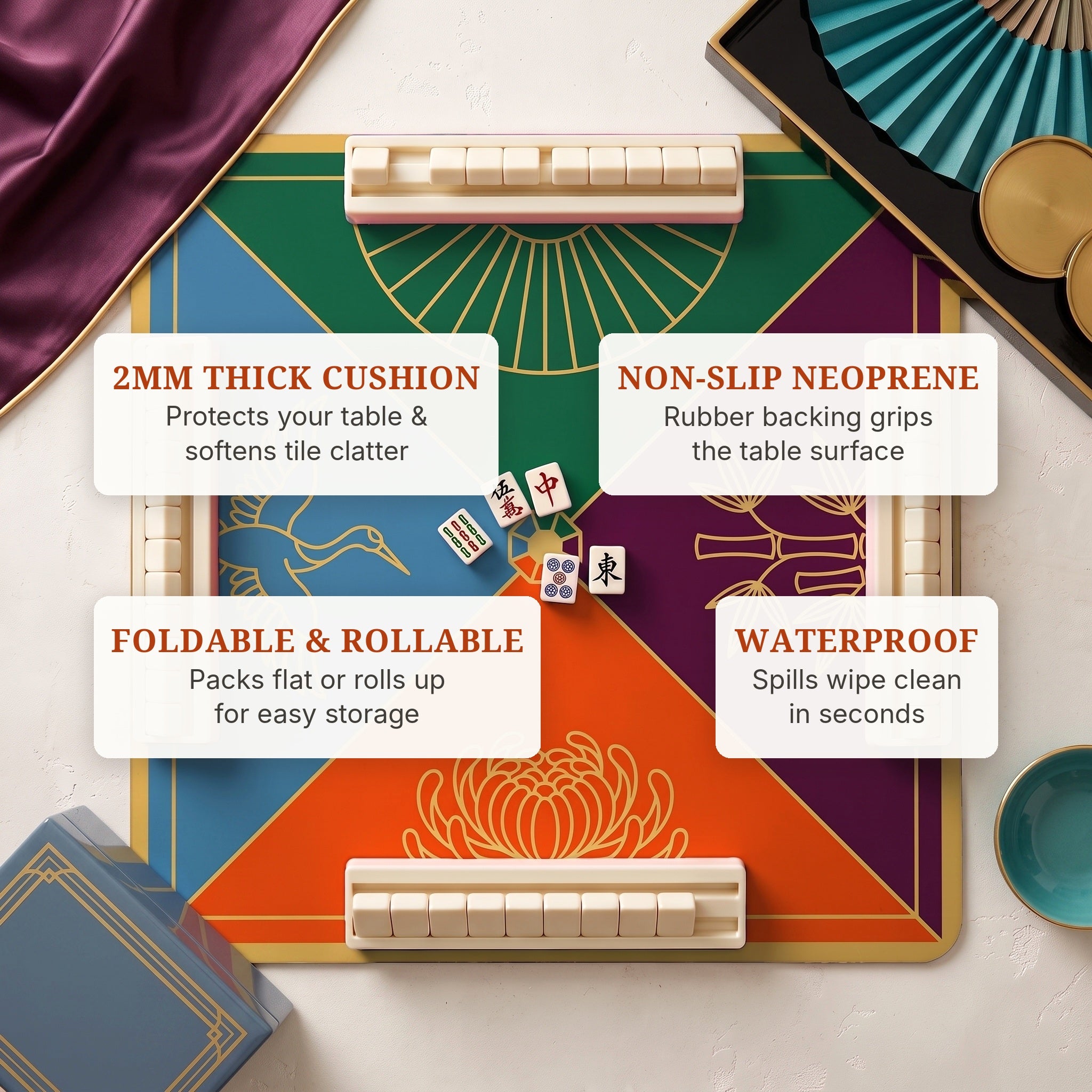 Deco Fan Quarters Mahjong Mat — features