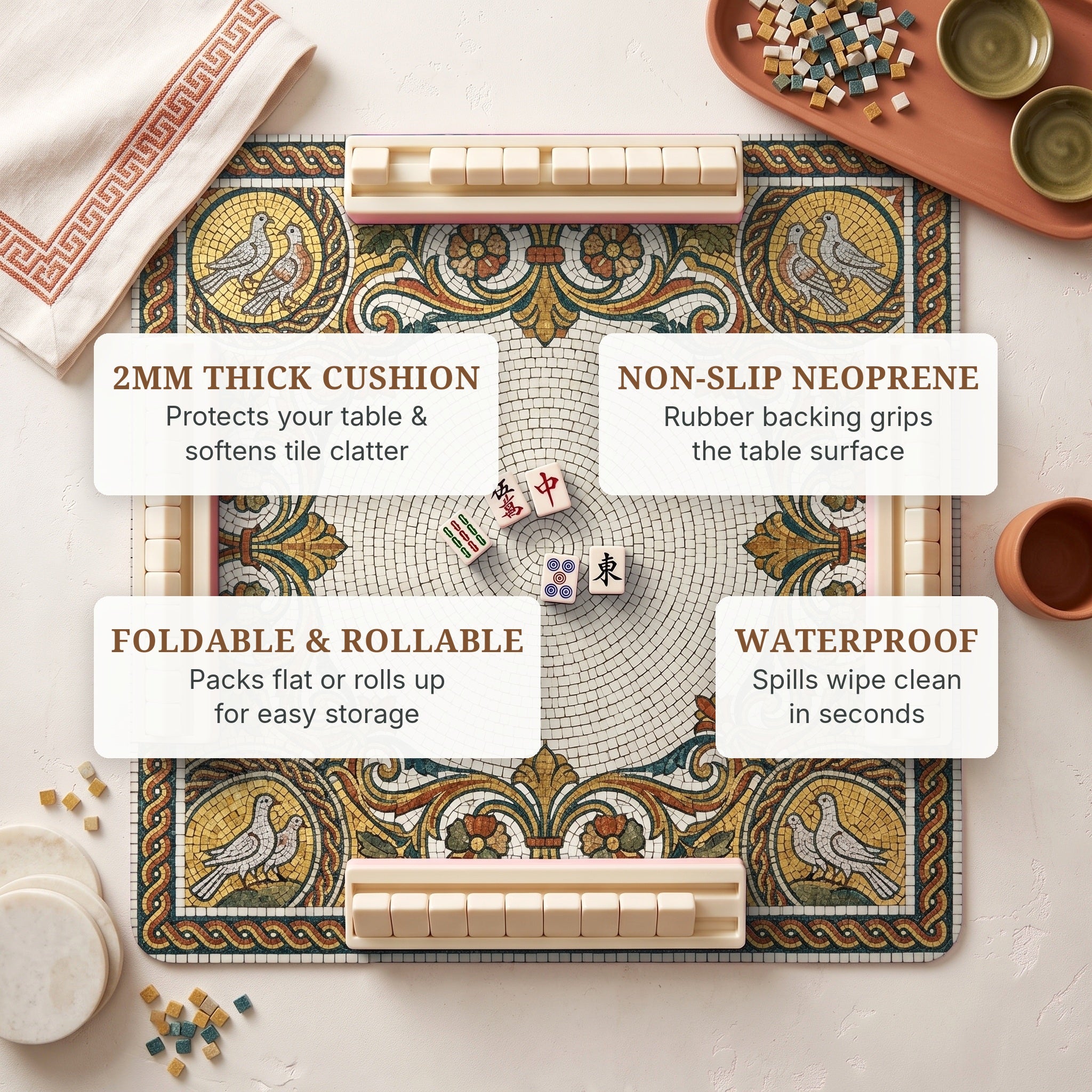 Mosaic Doves Mahjong Mat — features