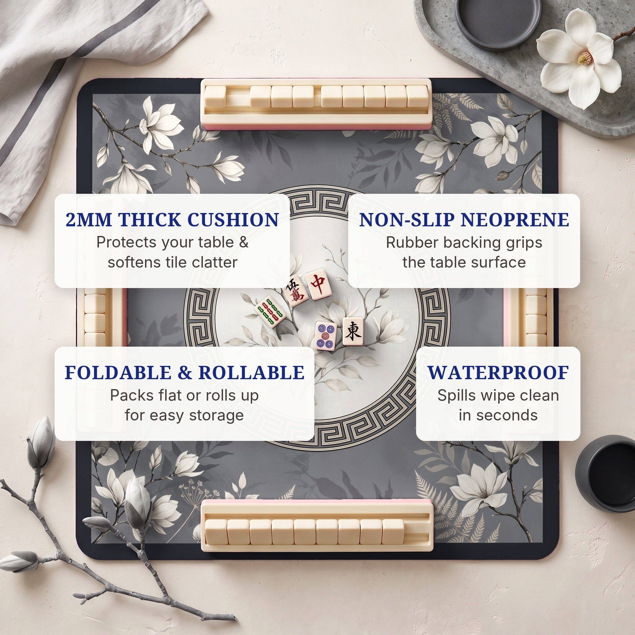 Magnolia Grayscale Mahjong Mat — features