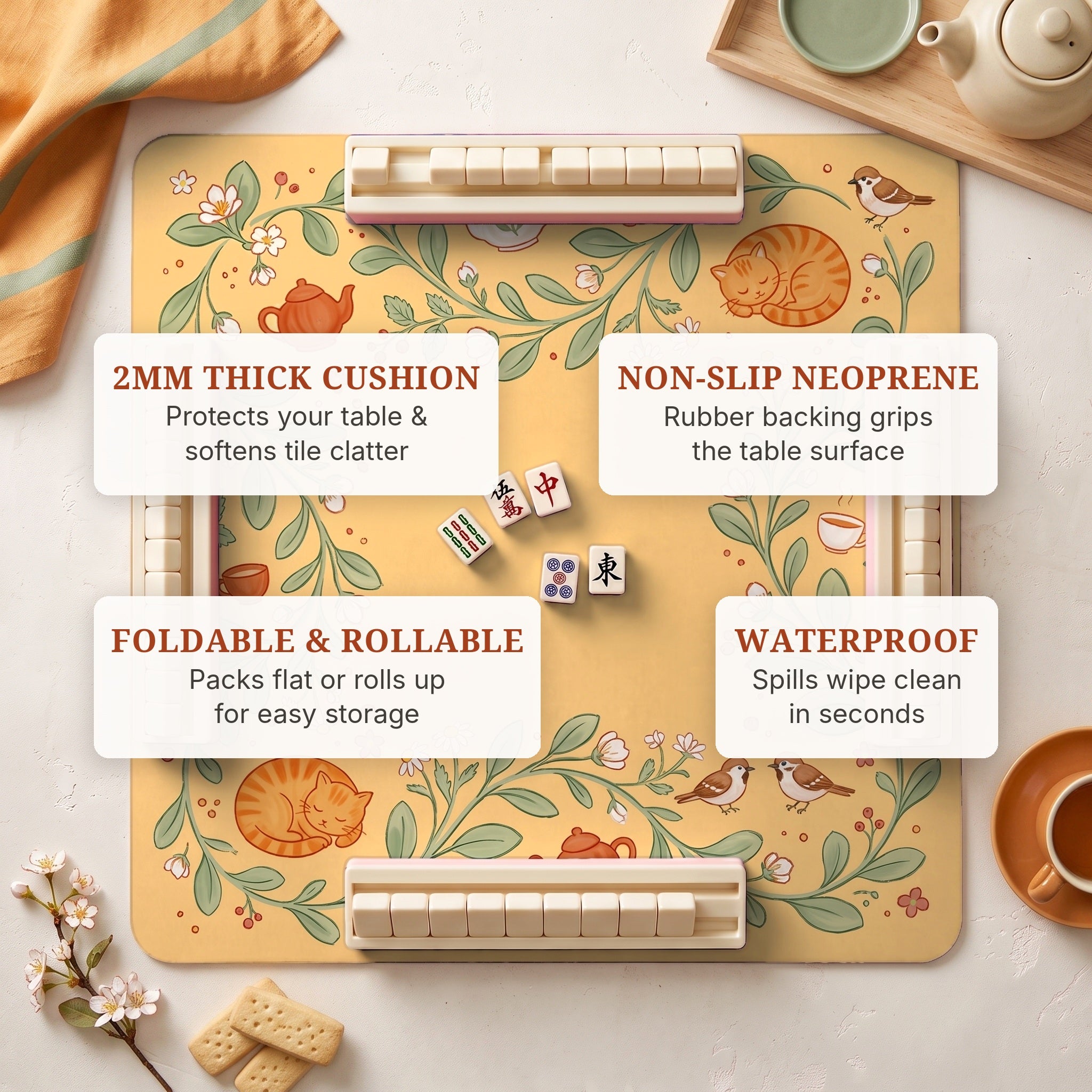 Teatime Cats Mahjong Mat — features