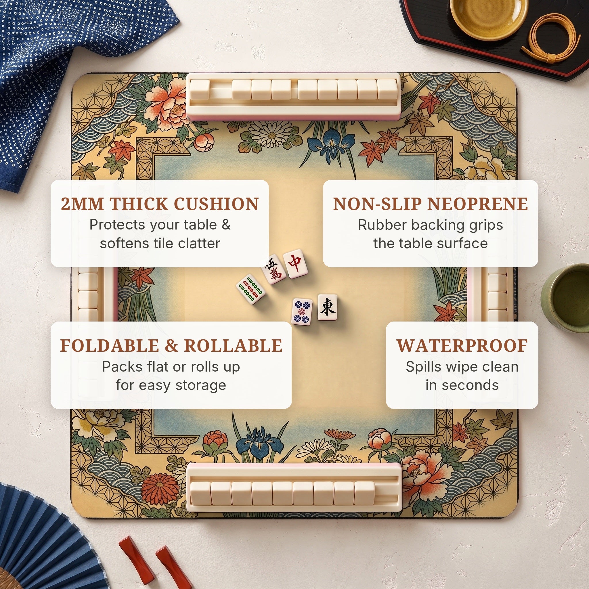 Ukiyoe Peony Mahjong Mat — features