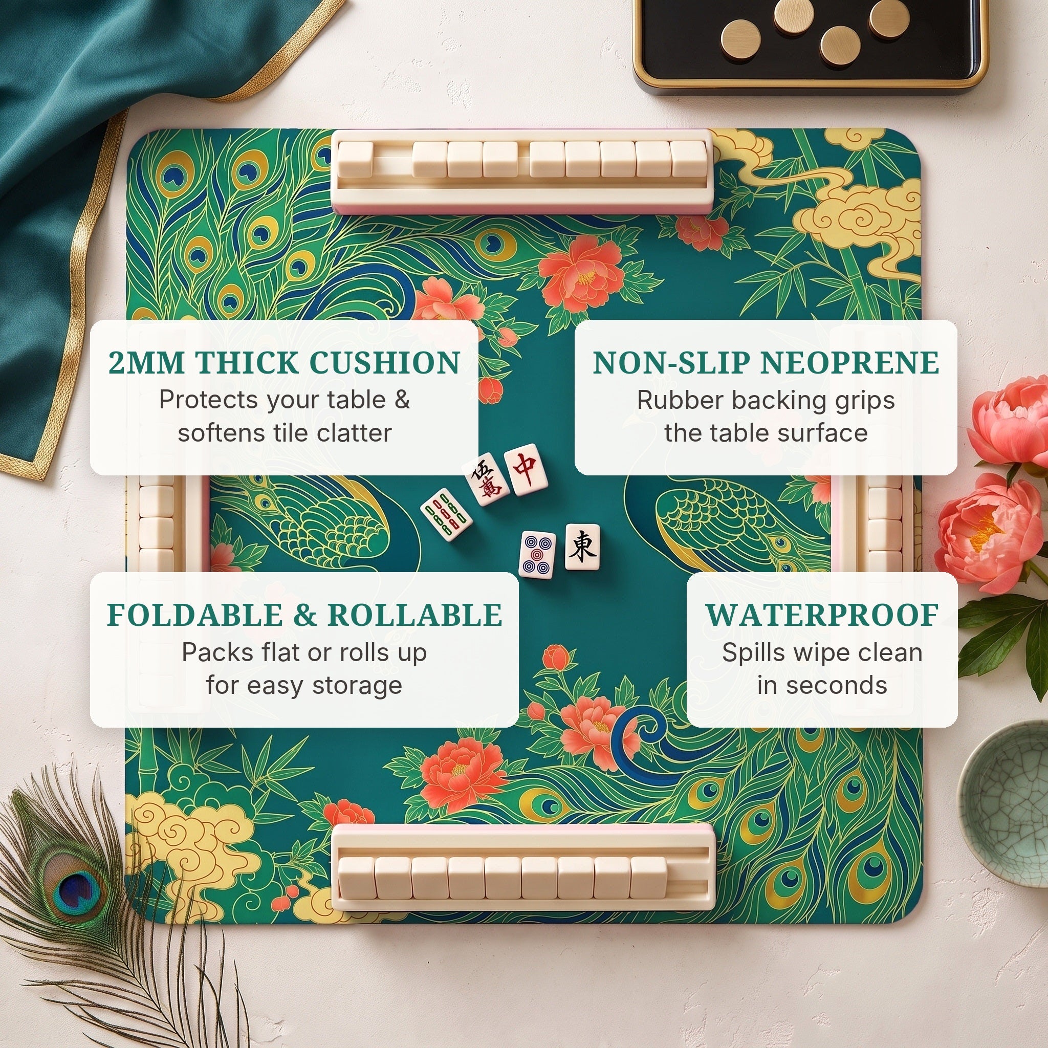 Peacock Teal Mahjong Mat — features
