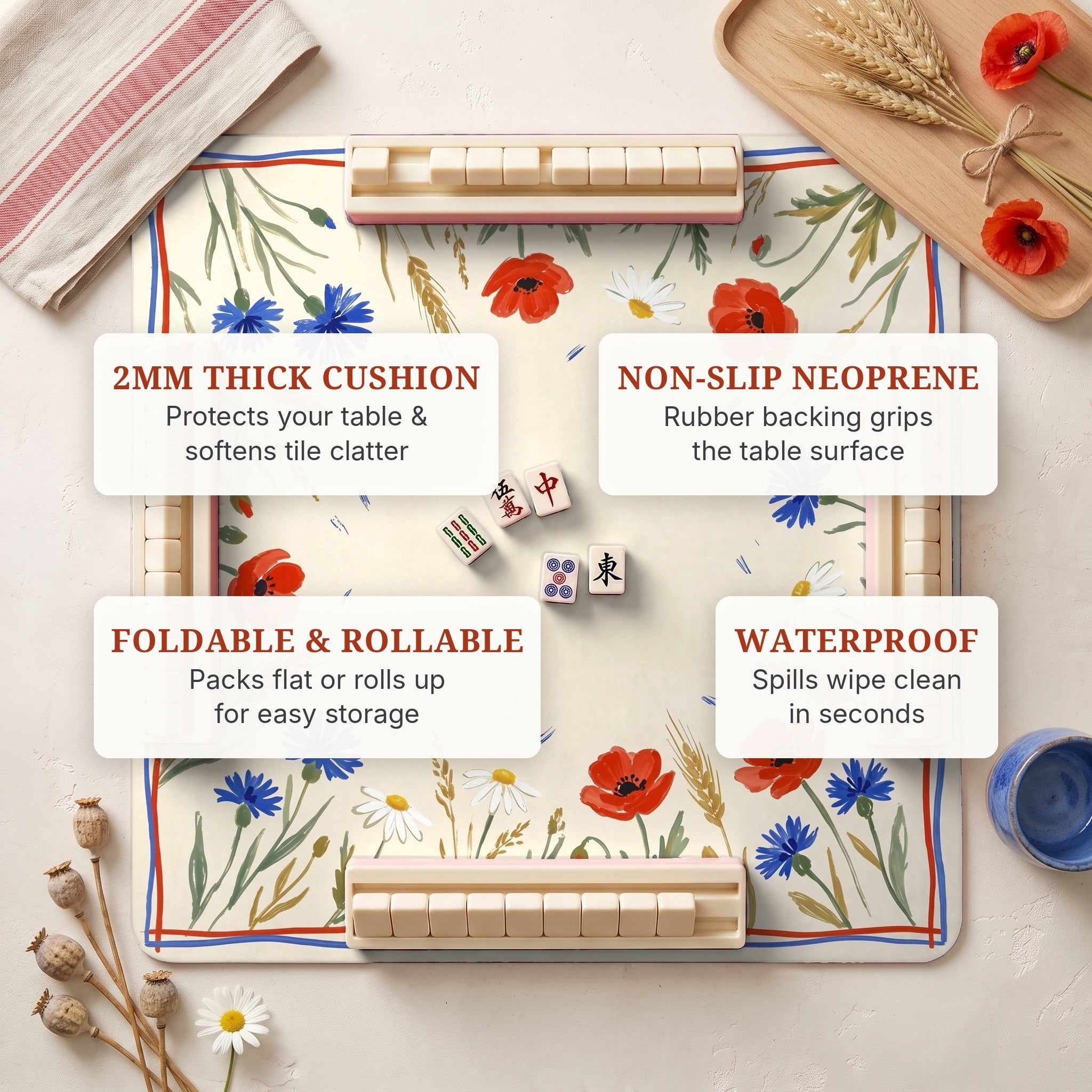Poppy Meadow Mahjong Mat — features